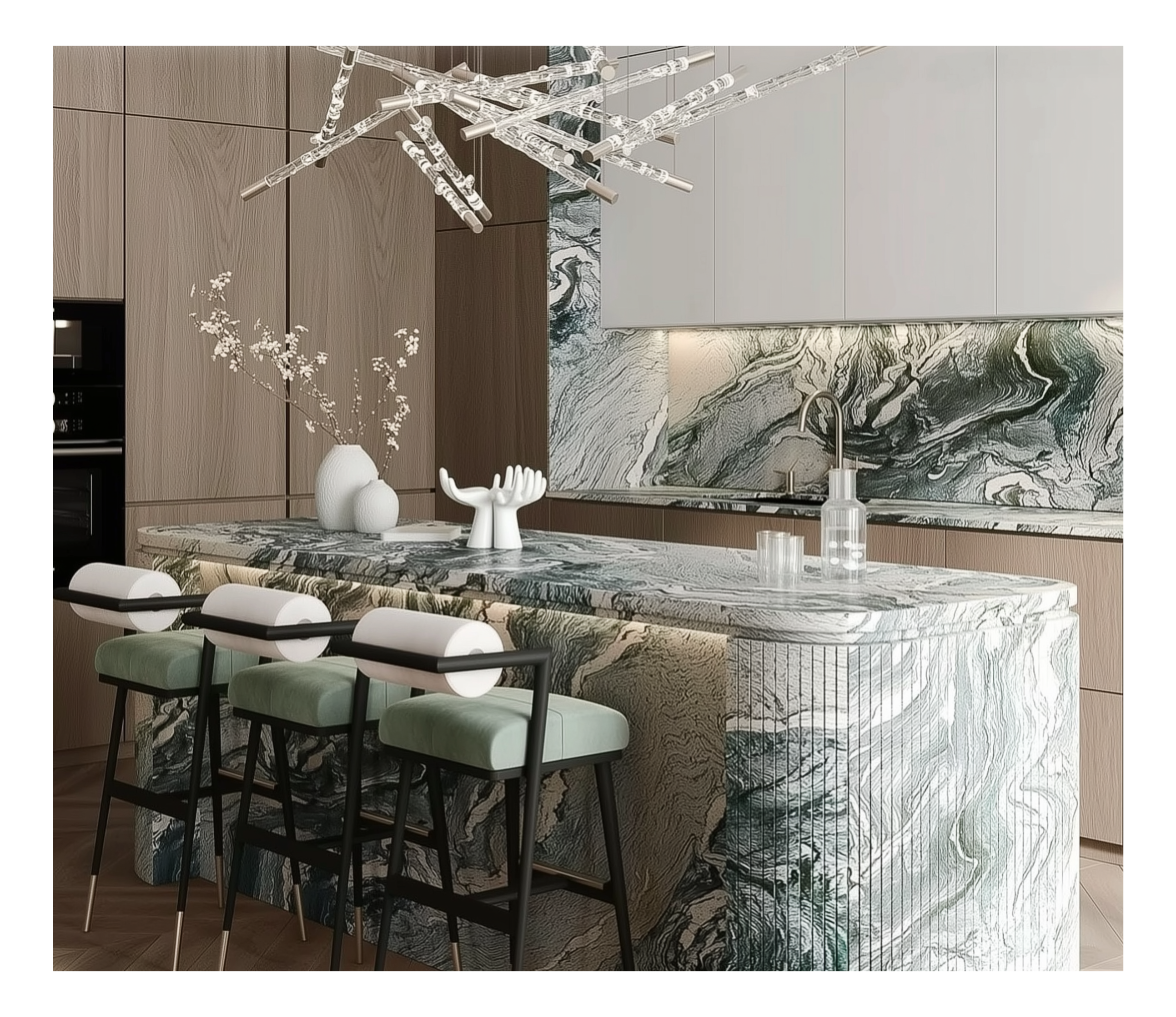 Victoria Green marble kitchen island with fluted design and seating overhang