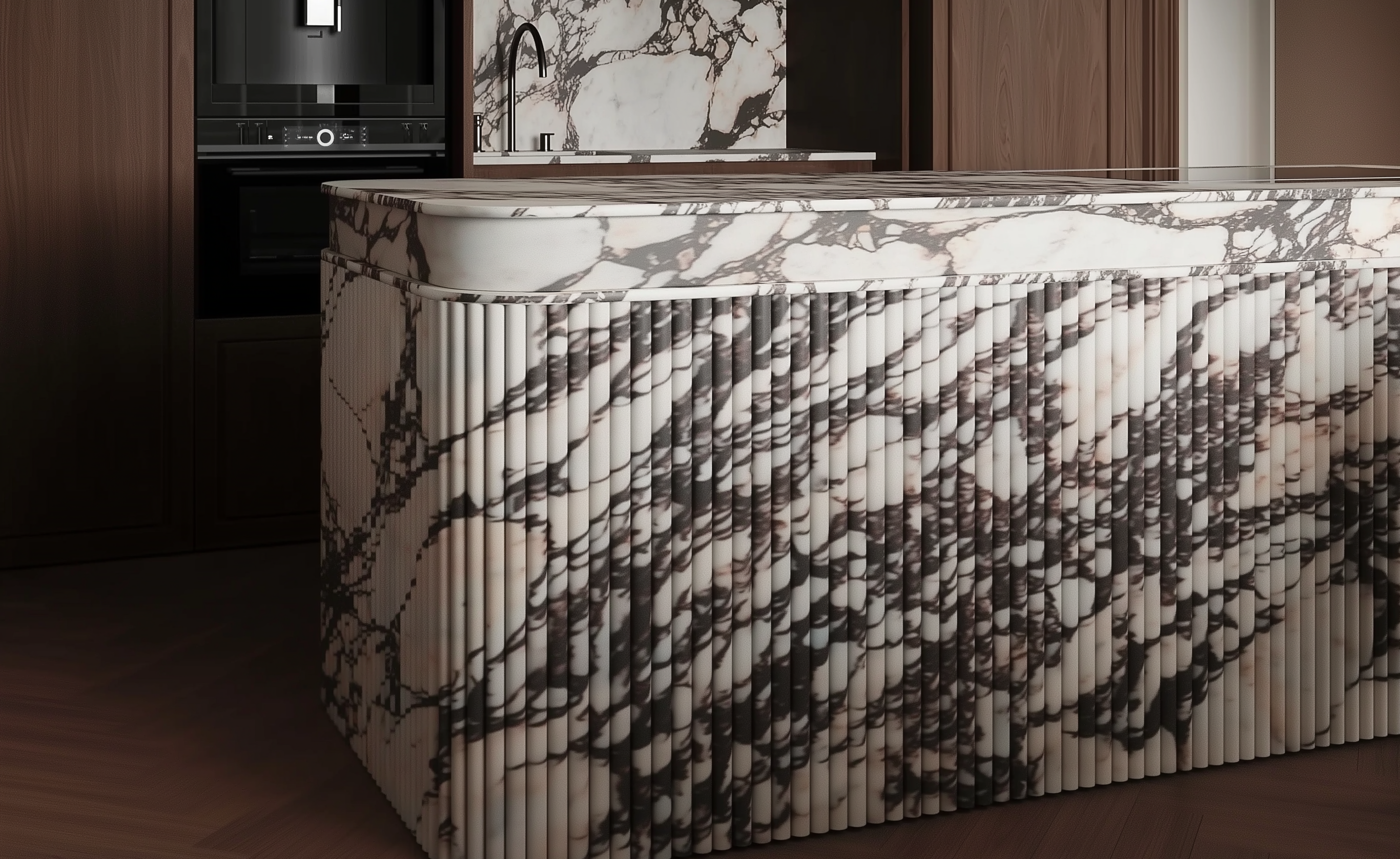 Calacatta Viola marble kitchen island with fluted detailing and curved edges close up