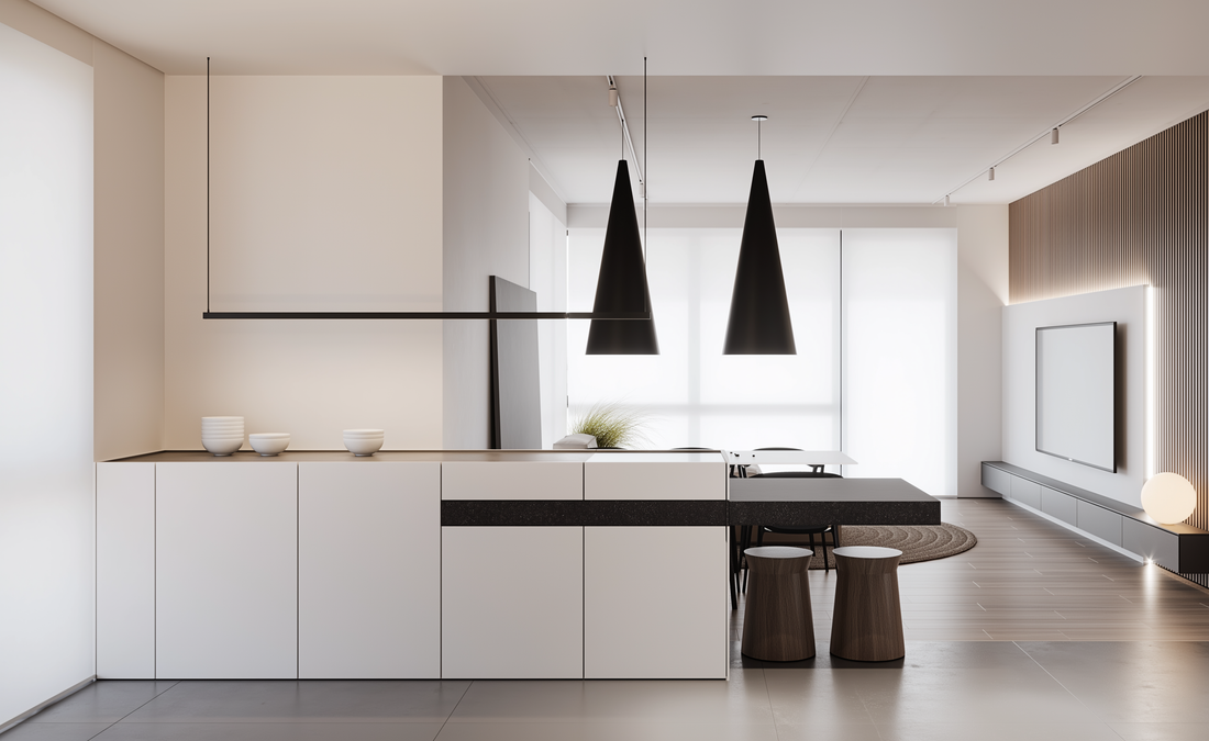 Modern luxury marble white kitchen with white island and gray chairs