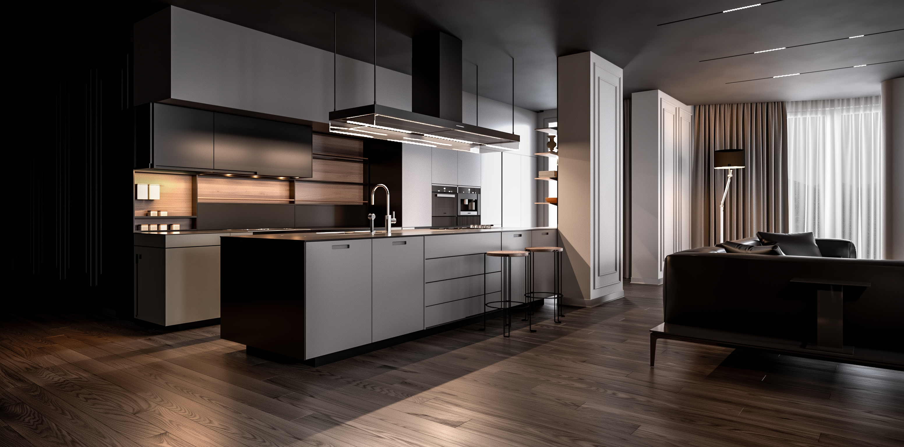 Open-plan luxury kitchen with marble-style worktops and integrated island