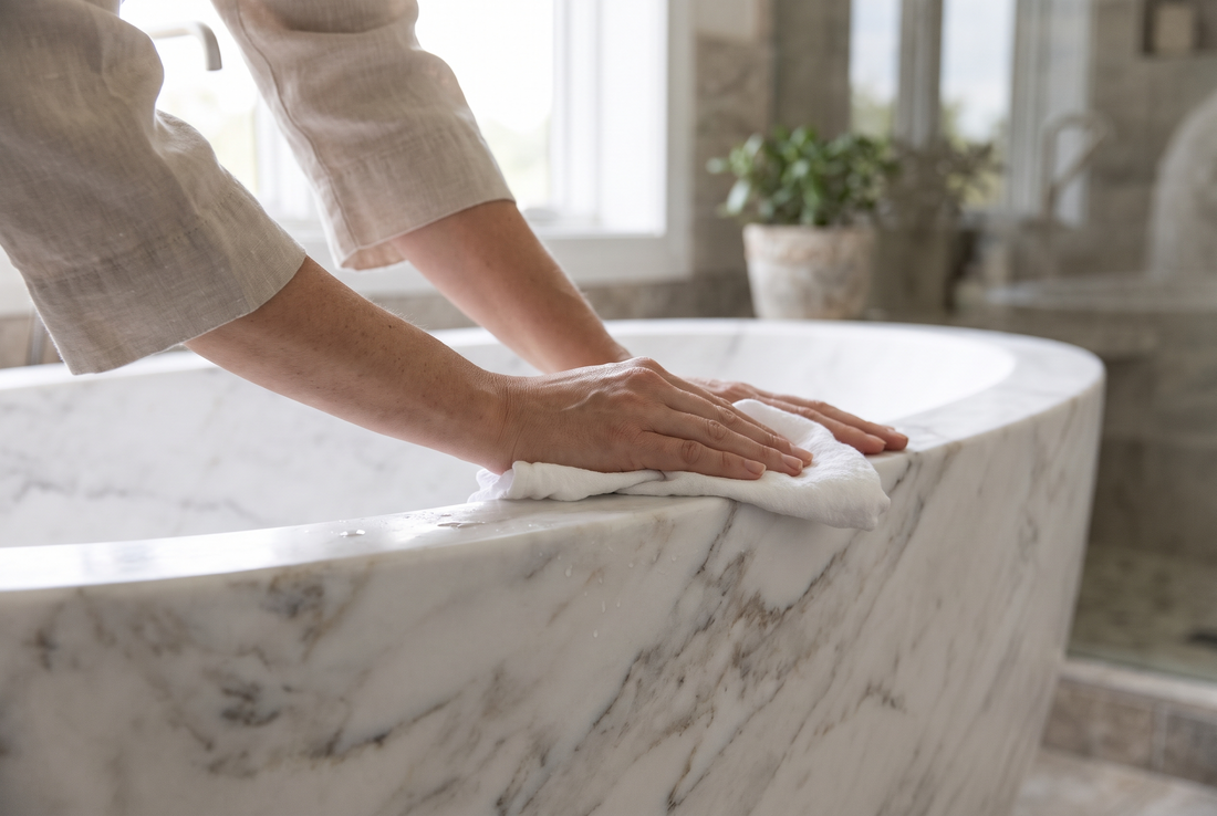 Person wiping a freestanding marble bath dry with a soft cloth to prevent limescale marks
