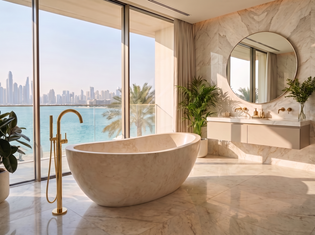 Crema white marble freestanding bath in modern villa bathroom on the palm with natural stone finish