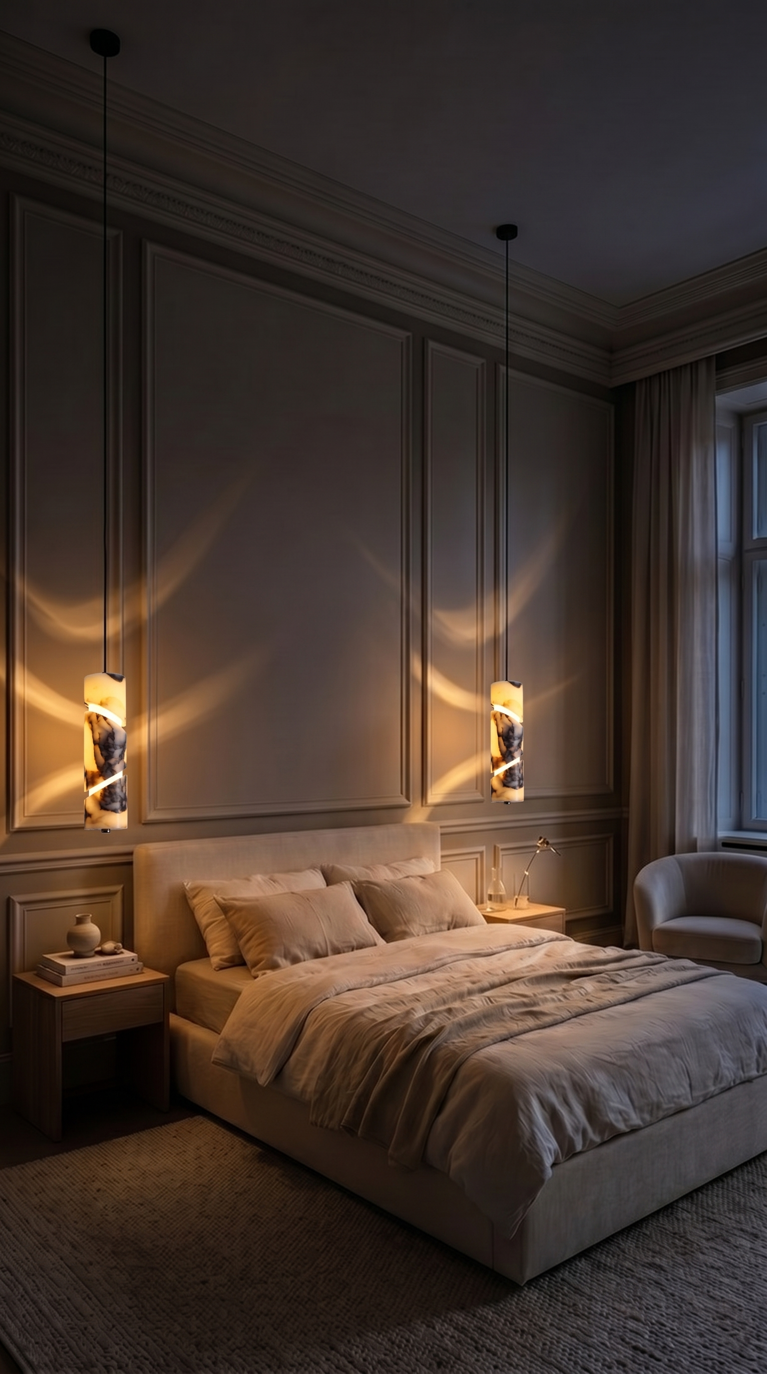 Marble pendant light hanging in a luxury modern UK interior with natural stone finish and warm ambient glow