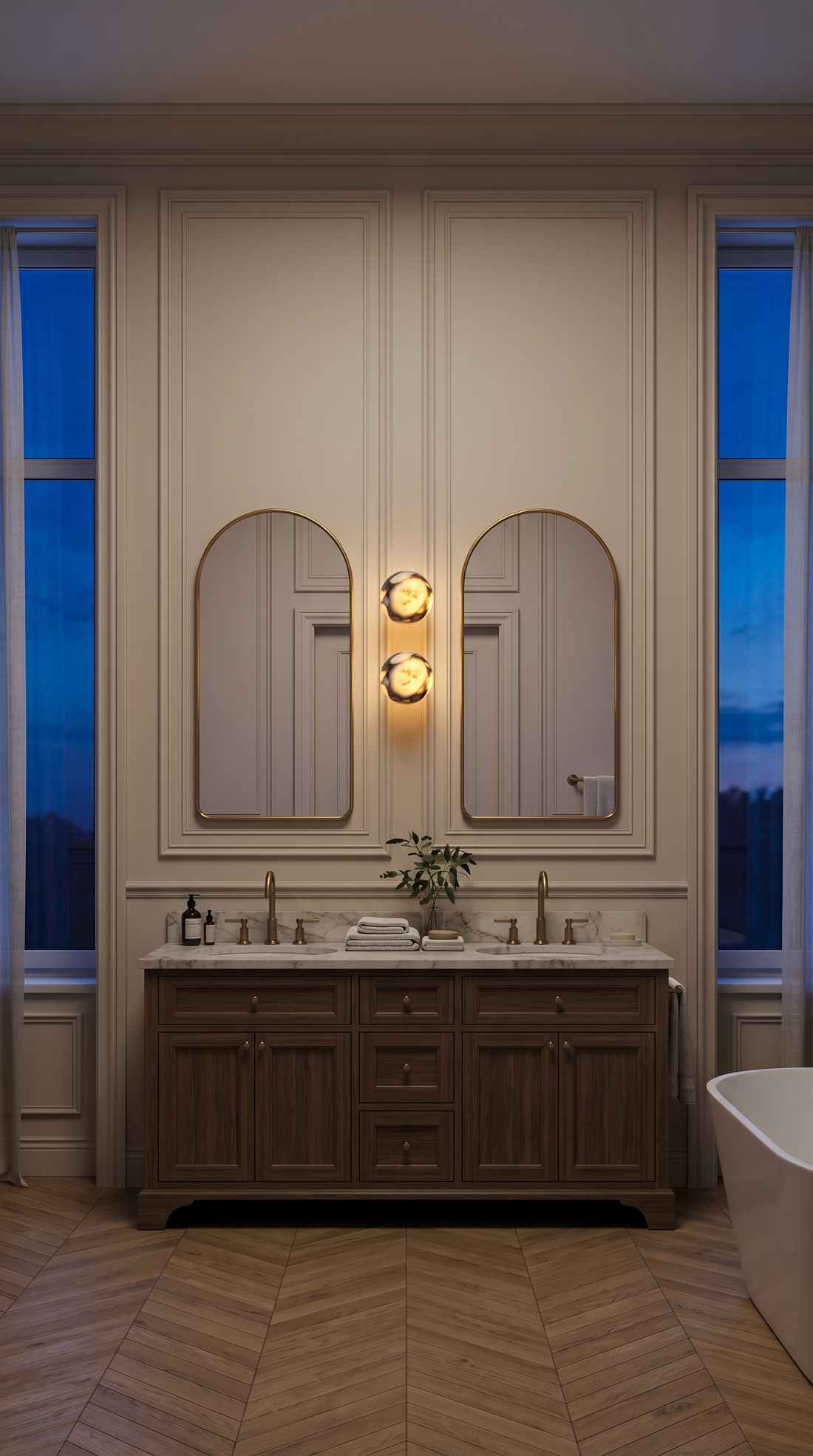 Luxury marble wall light specified by an interior designer in a high end residential interior with natural stone surfaces