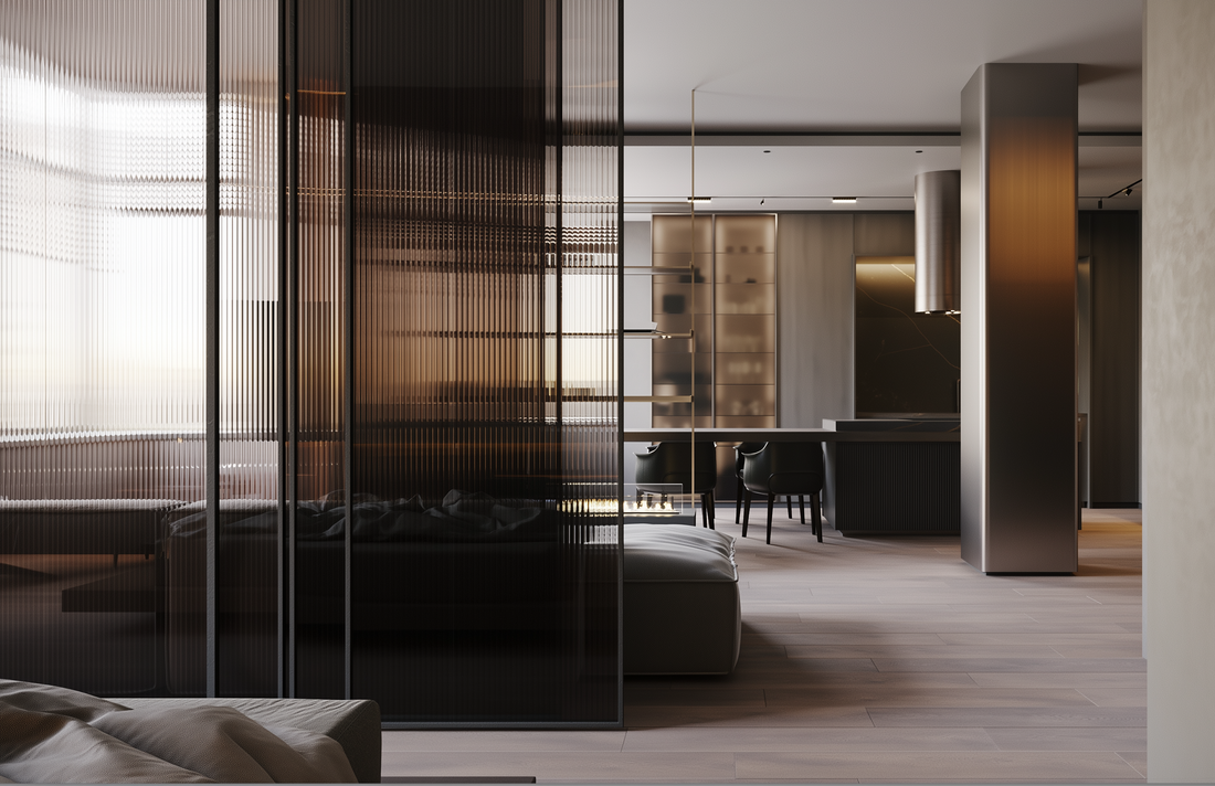 Modern interior design of a living room with glass partition