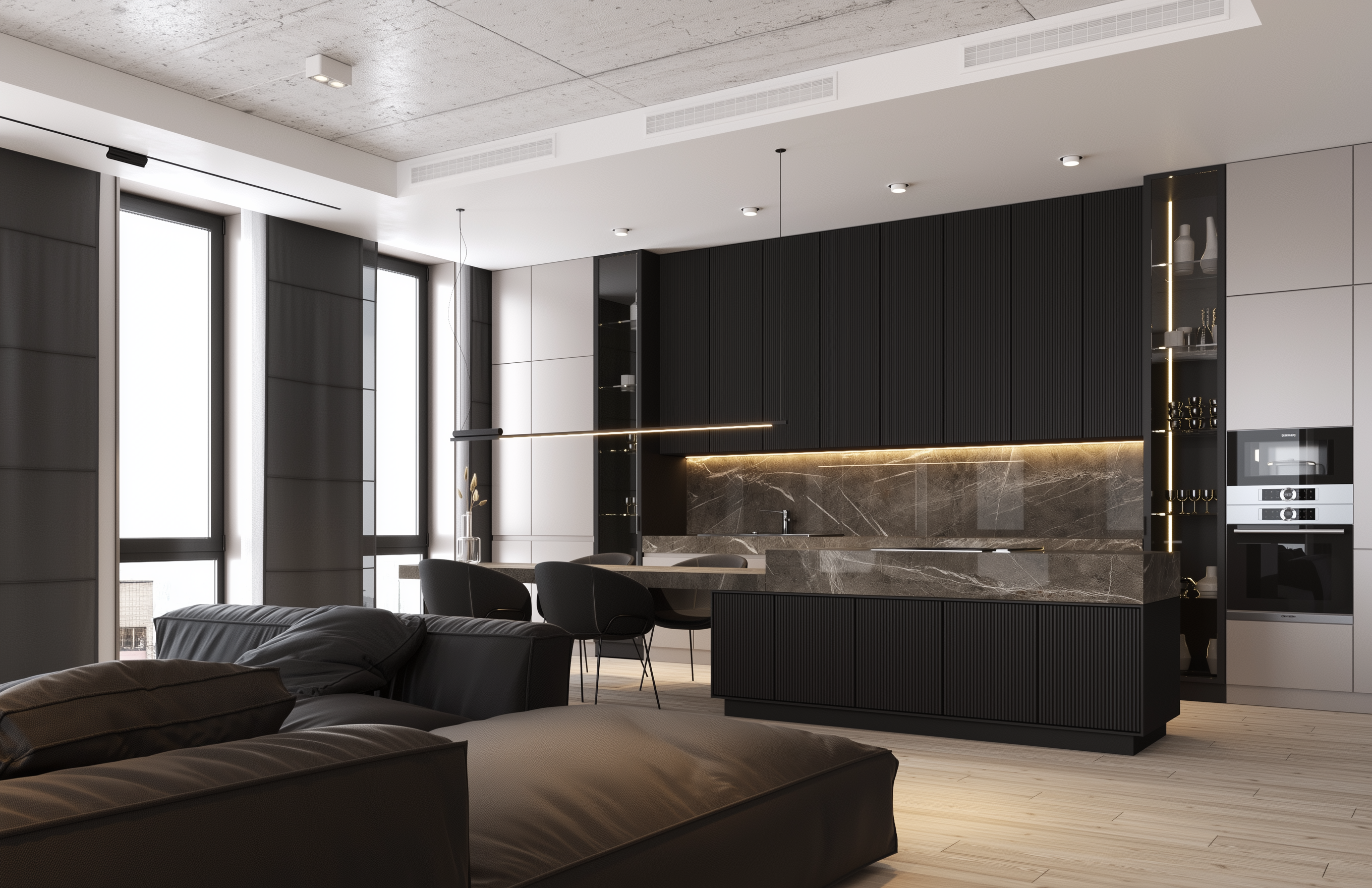 Bespoke luxury kitchen with marble-inspired surfaces and refined detailing