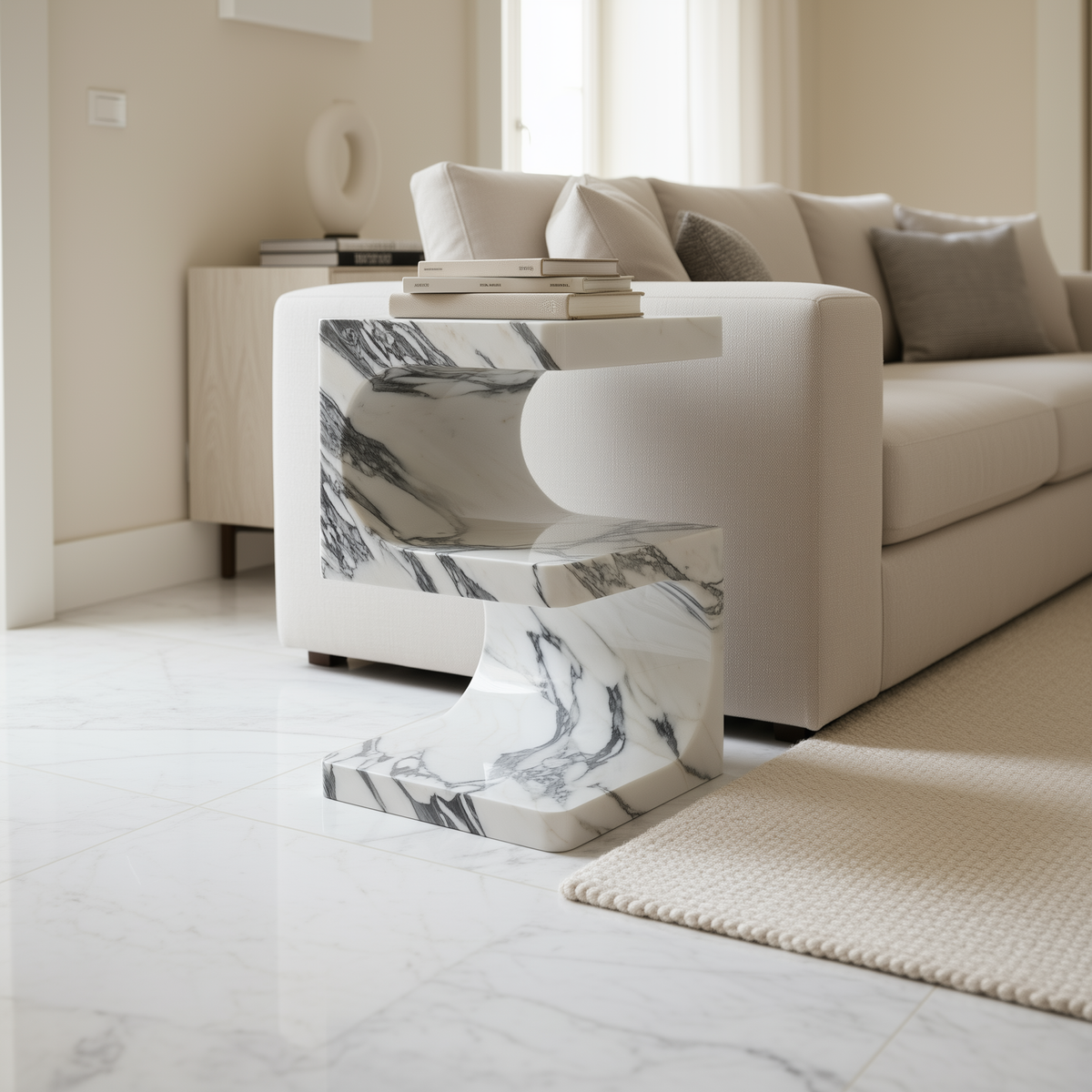 Arabescato sculptural marble side table in a modern living room.