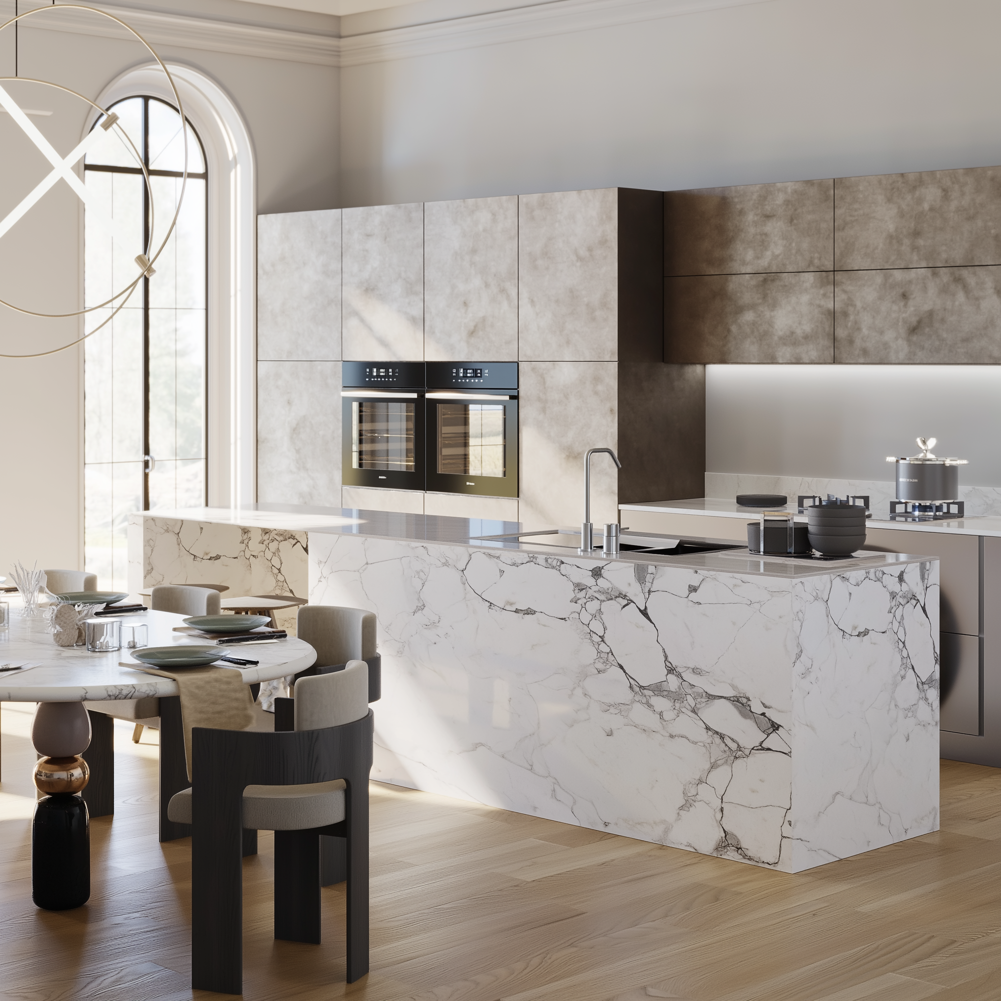 Marble luxury kitchen with marble-inspired quartz island and bespoke cabinetry.