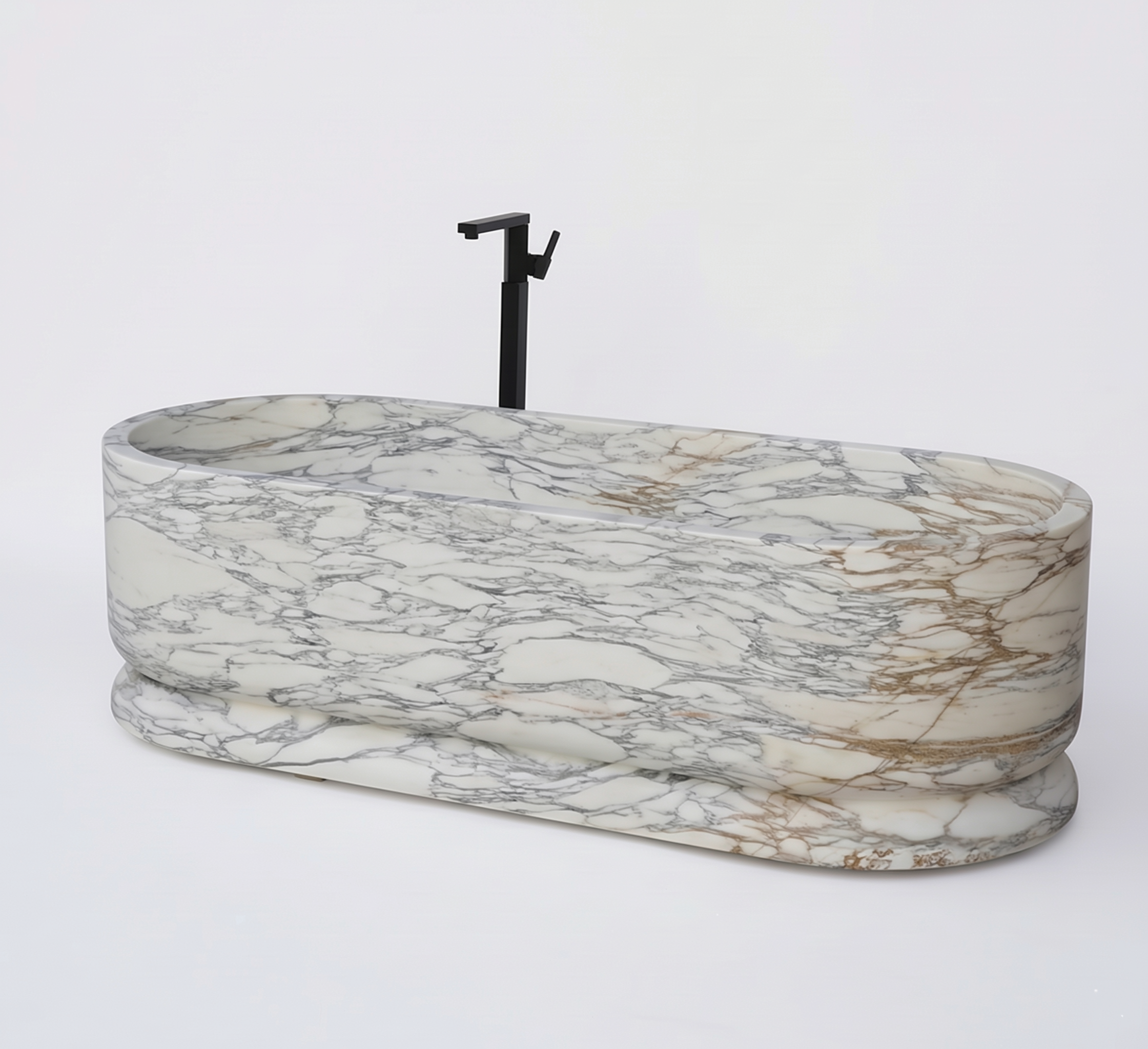 Marble-patterned freestanding bathtub with a black faucet on a white background