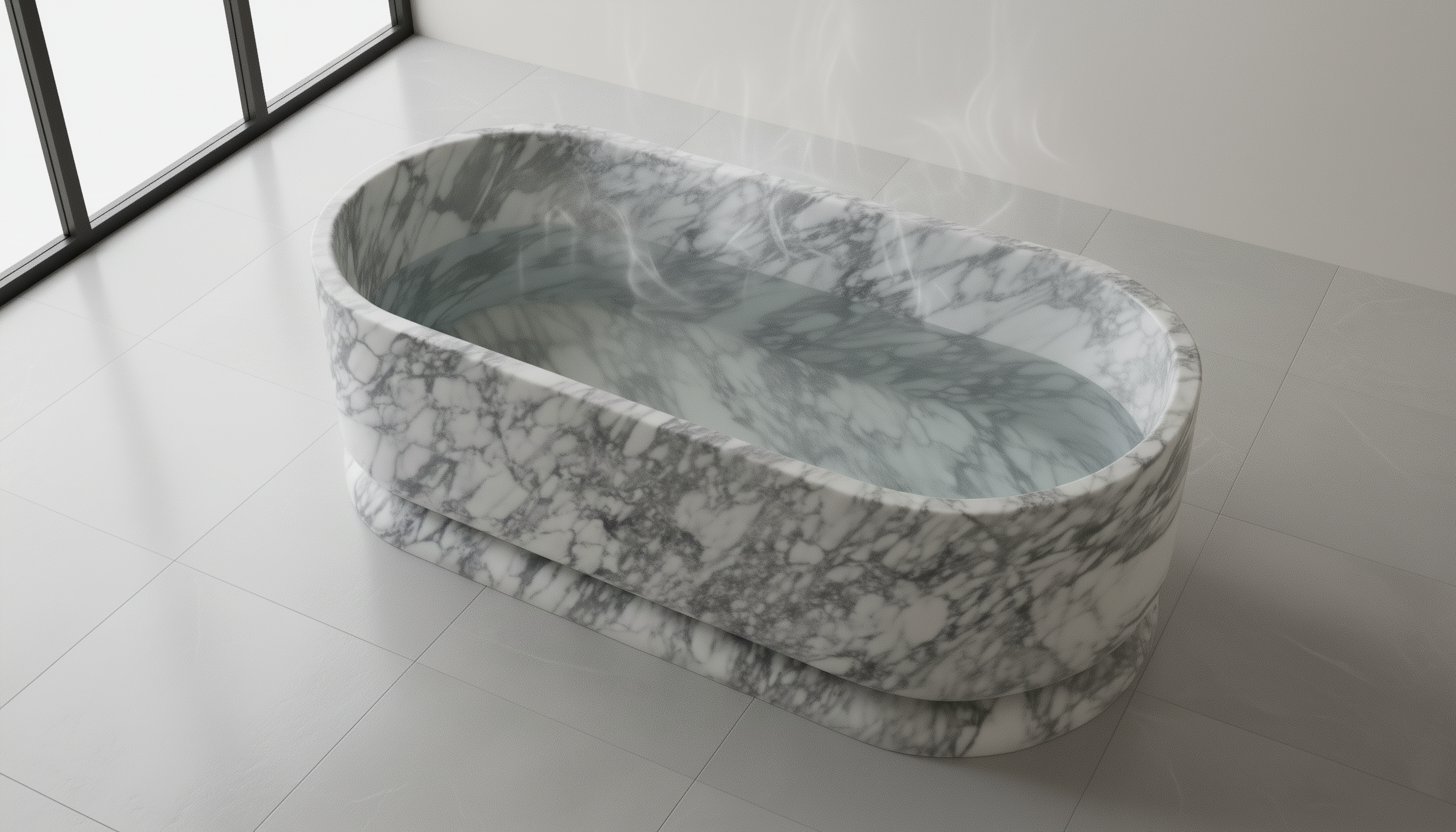 Marble-patterned freestanding bathtub in a modern bathroom setting