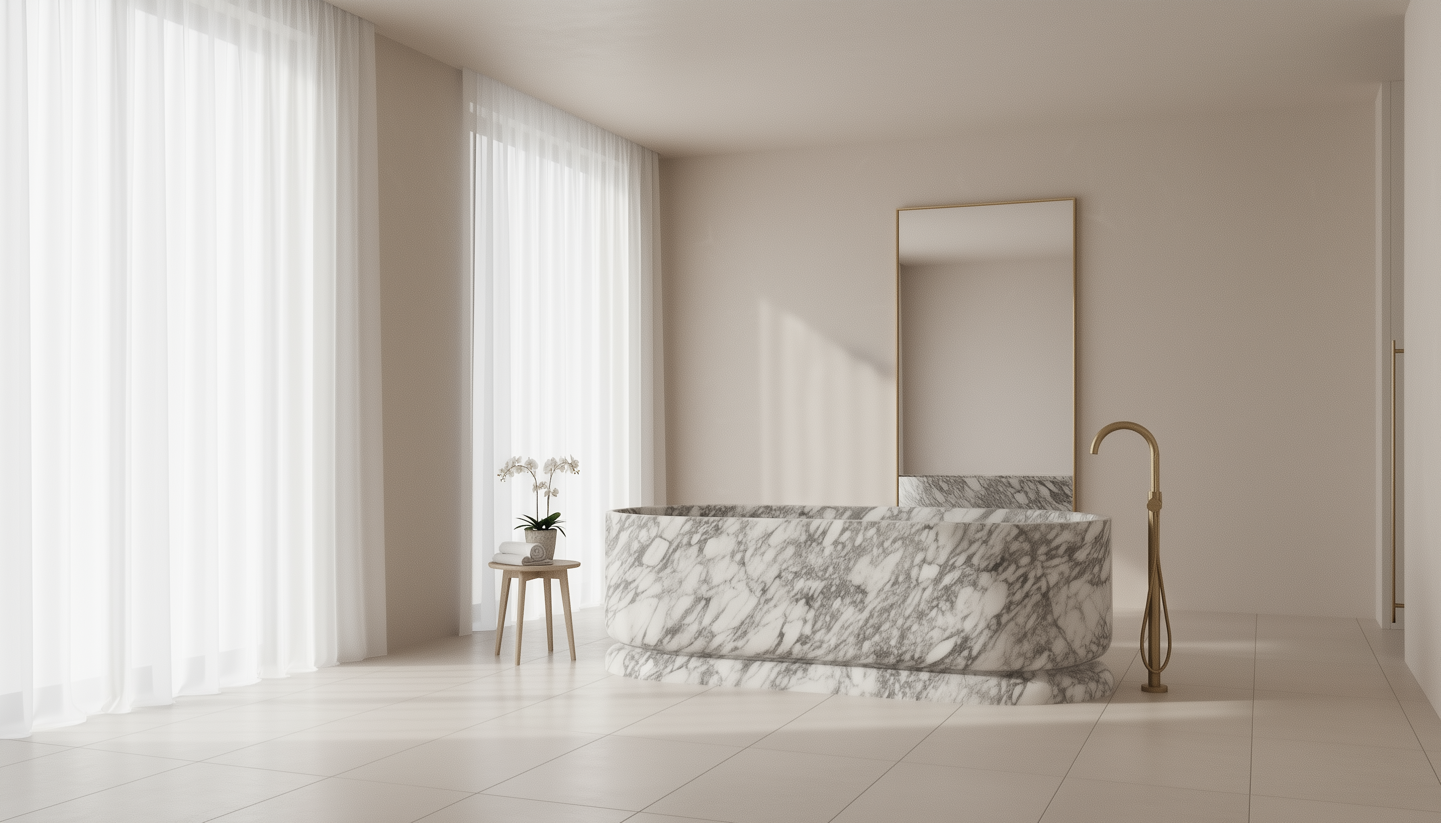 Modern bathroom with marble sink and large mirror