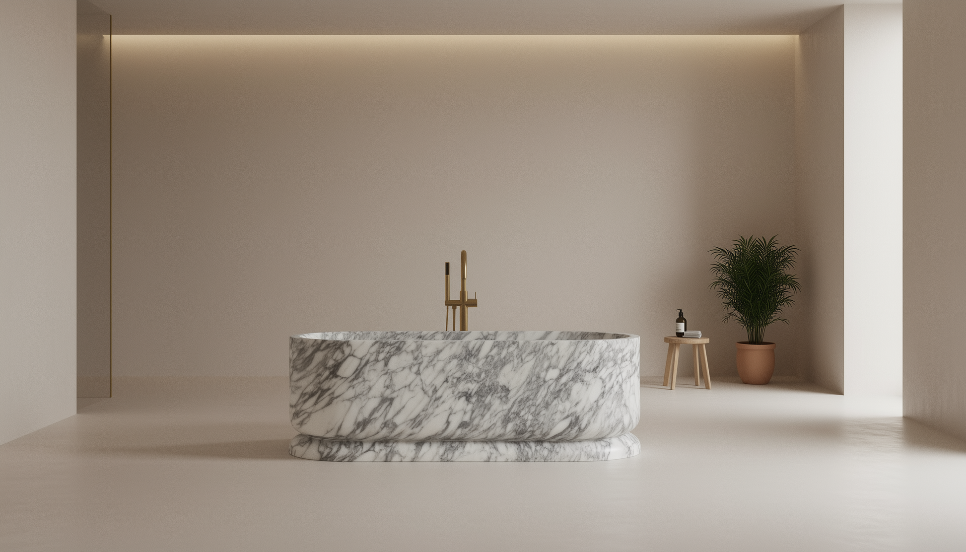 Marble bathtub in a modern bathroom with neutral colors