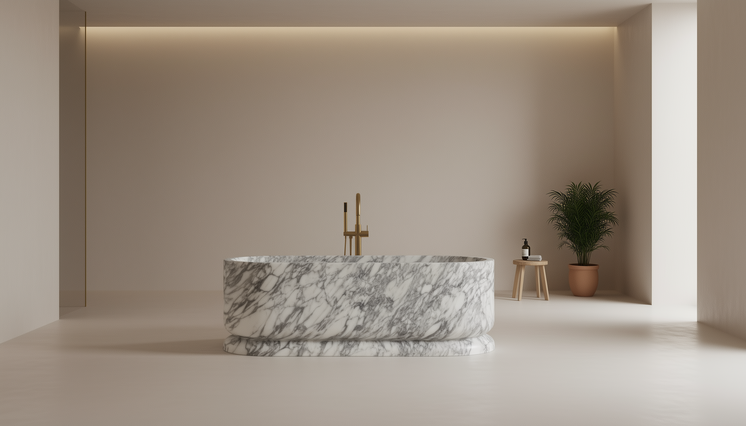 Marble bathtub in a modern bathroom with neutral colors