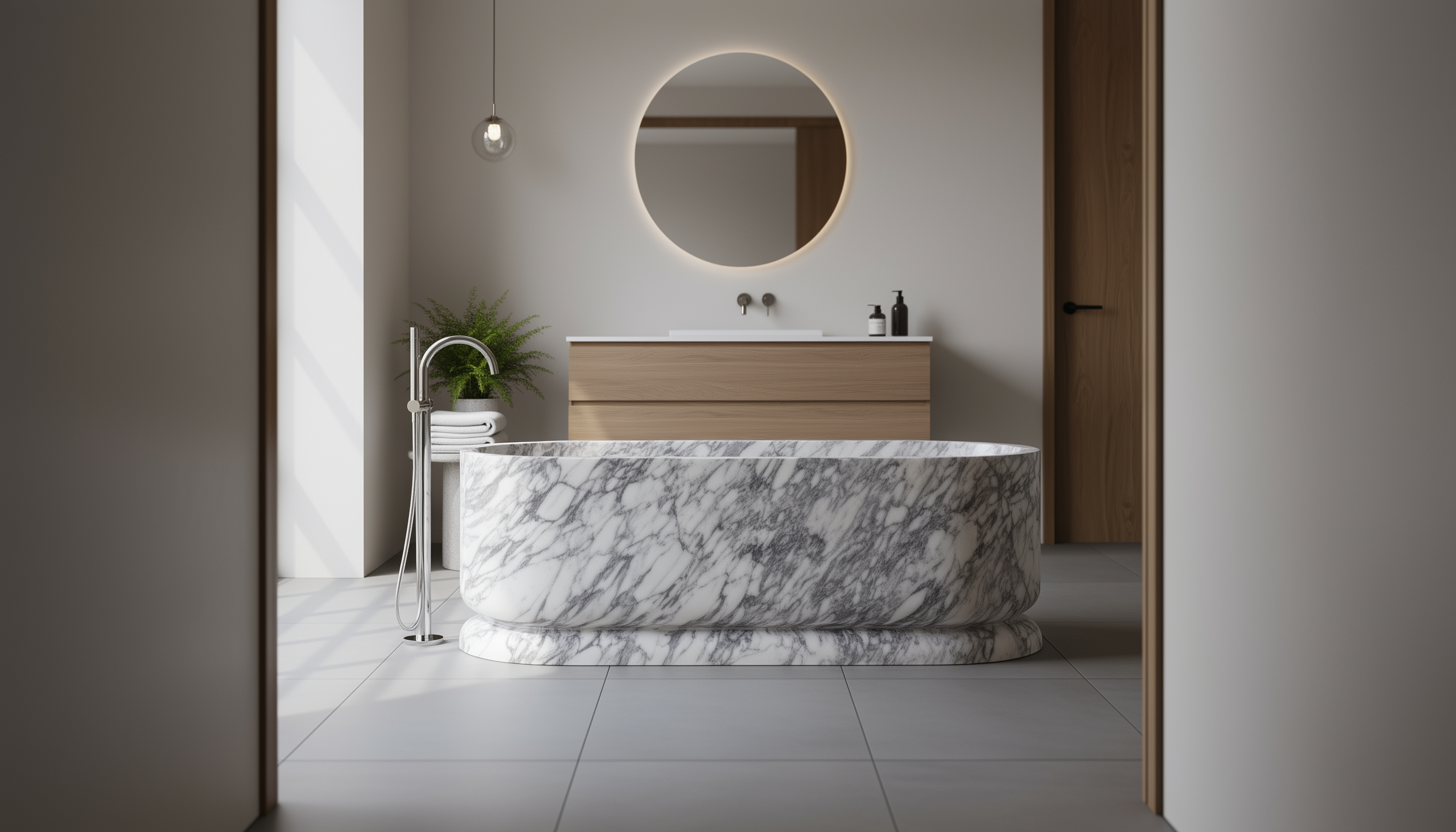 Modern bathroom with marble bathtub and wooden vanity