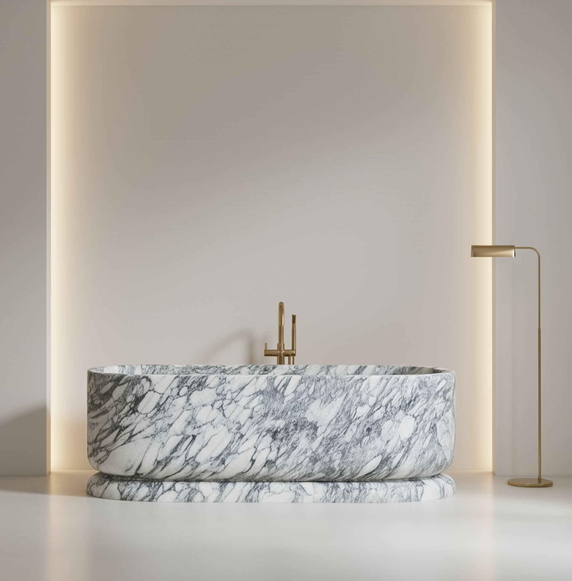 Arabescato marble freestanding bath carved from natural white marble with bold grey veining