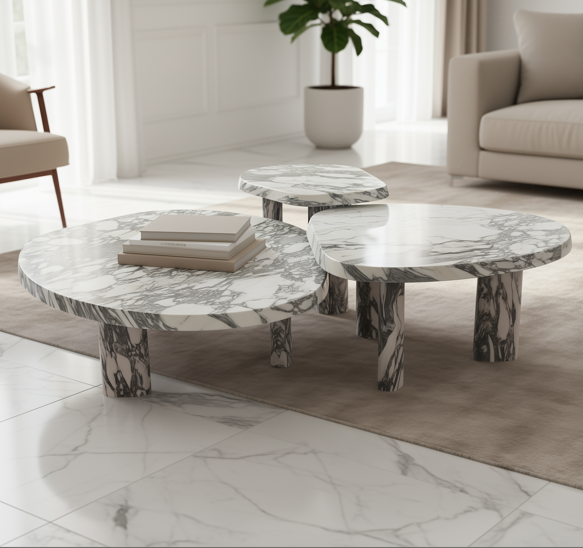 Arabescato marble coffee table set with three nesting tables in white marble