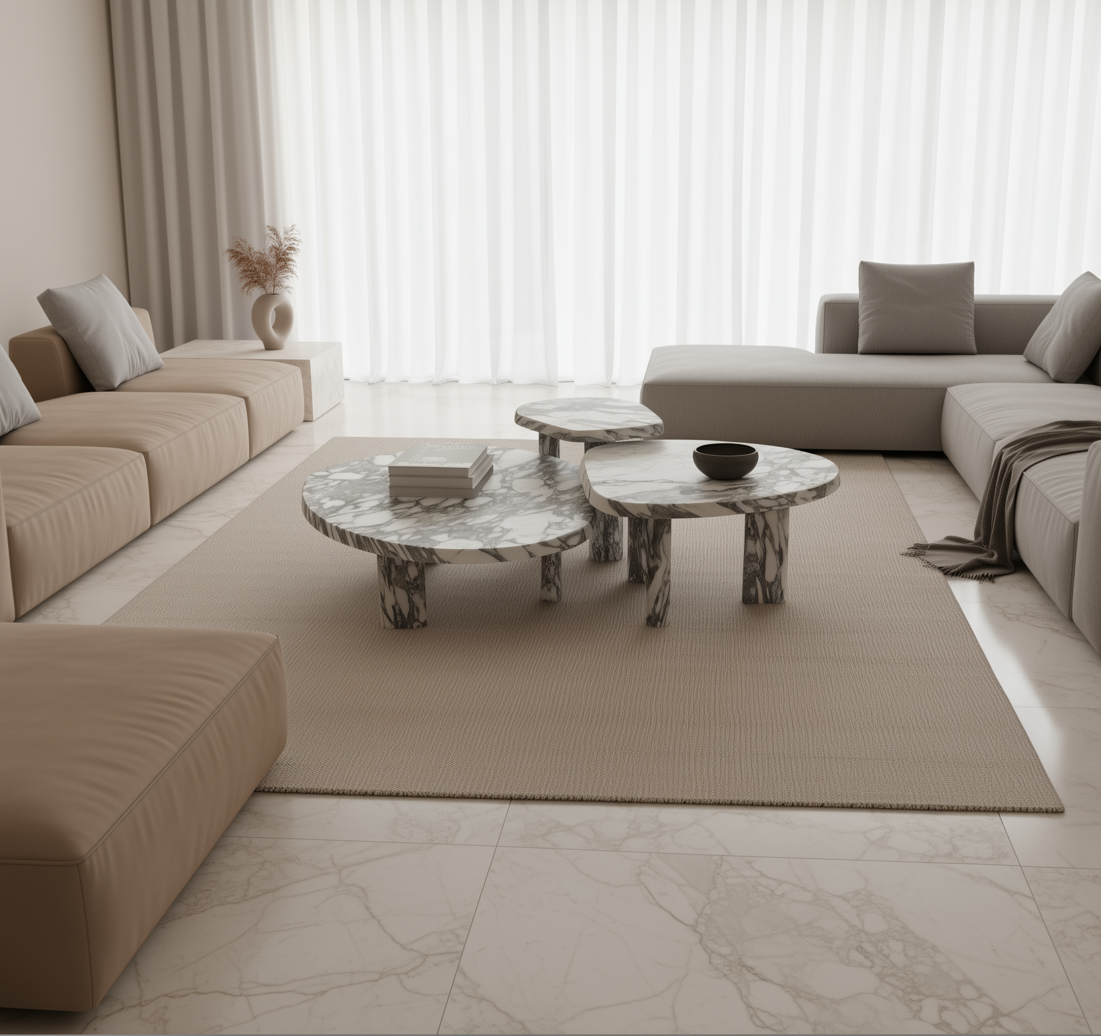 Modern living room with beige sofas, marble coffee tables, and large windows.