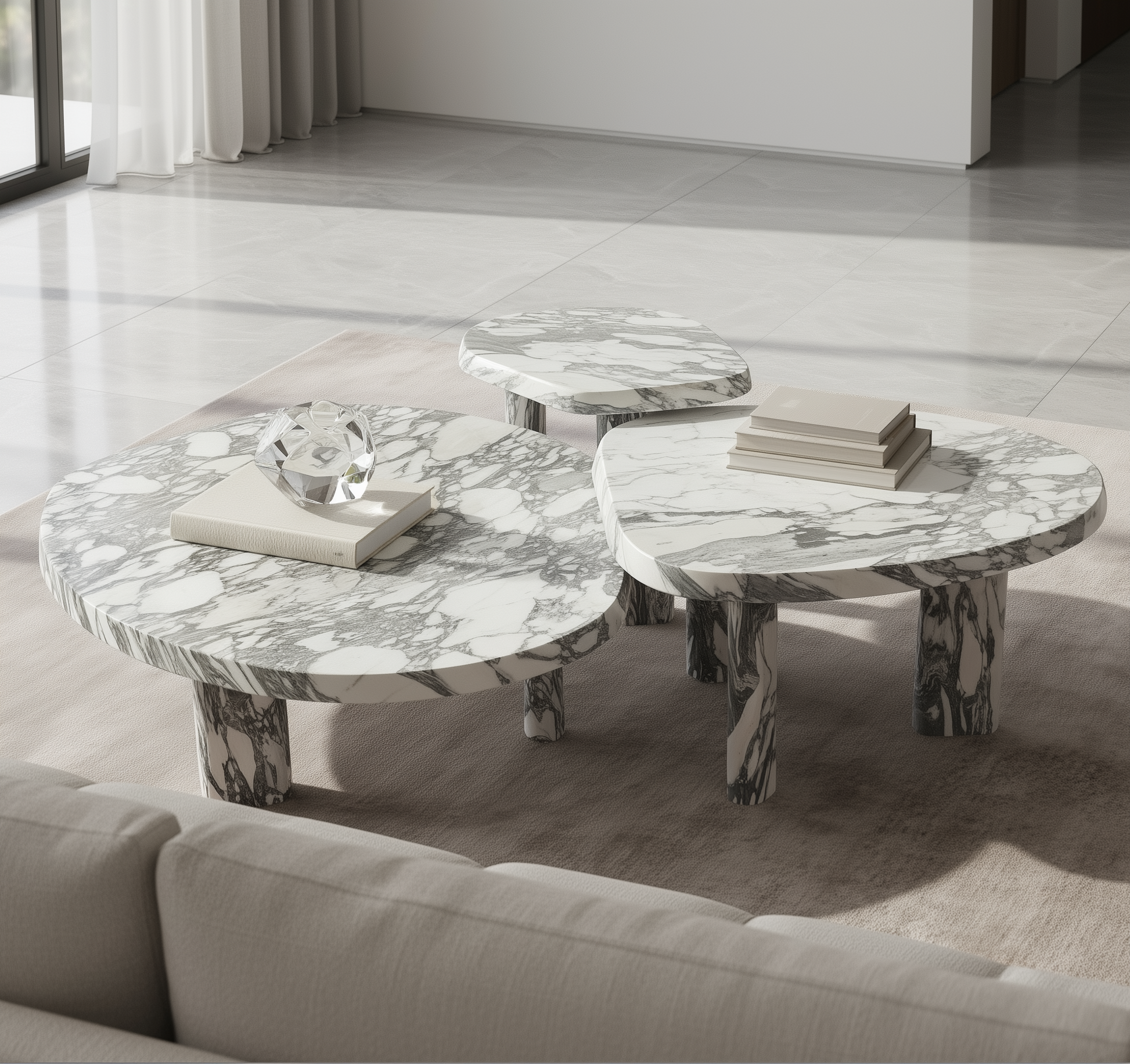 Marble coffee table set in a modern living room
