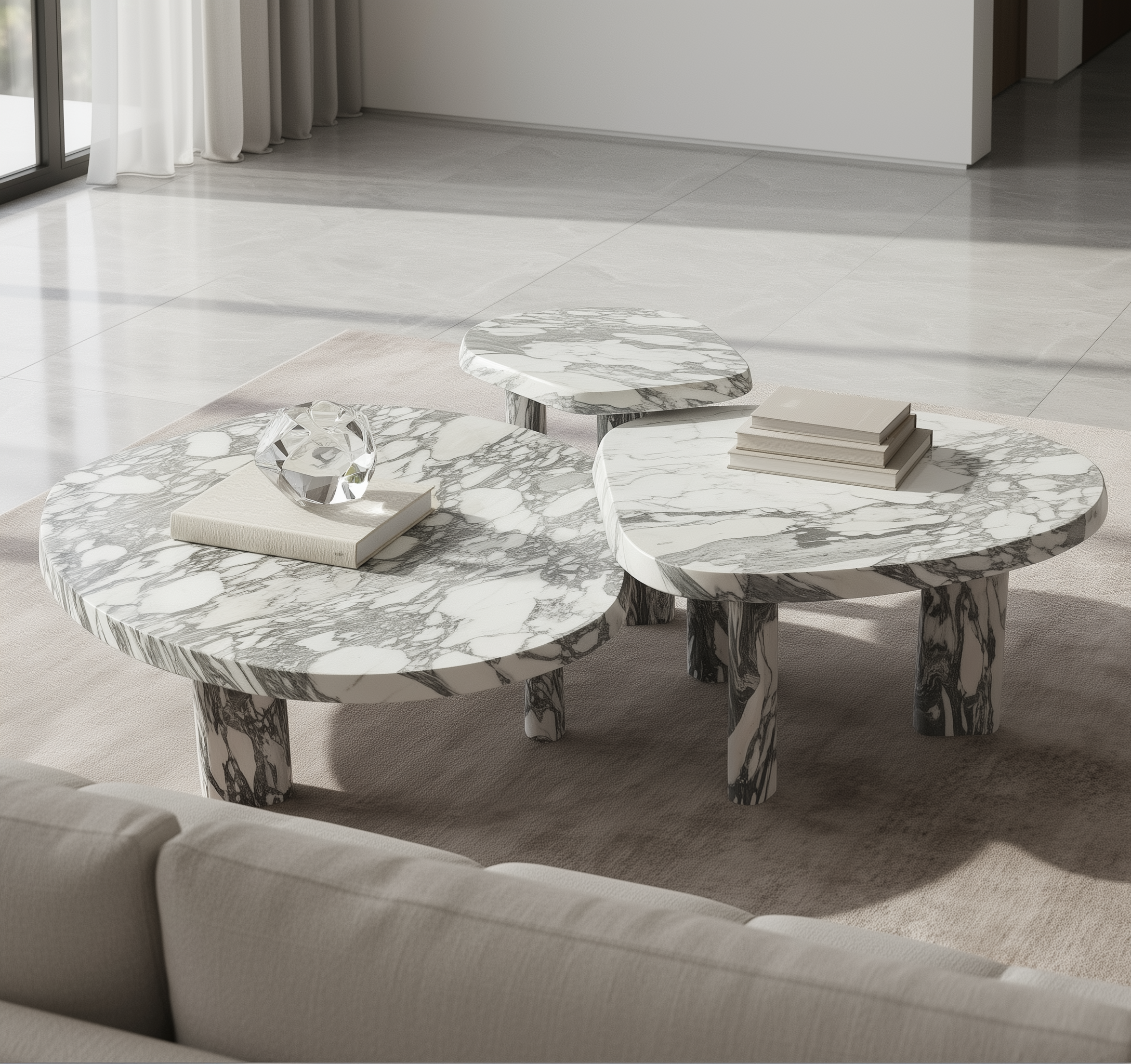 Marble coffee table set in a modern living room