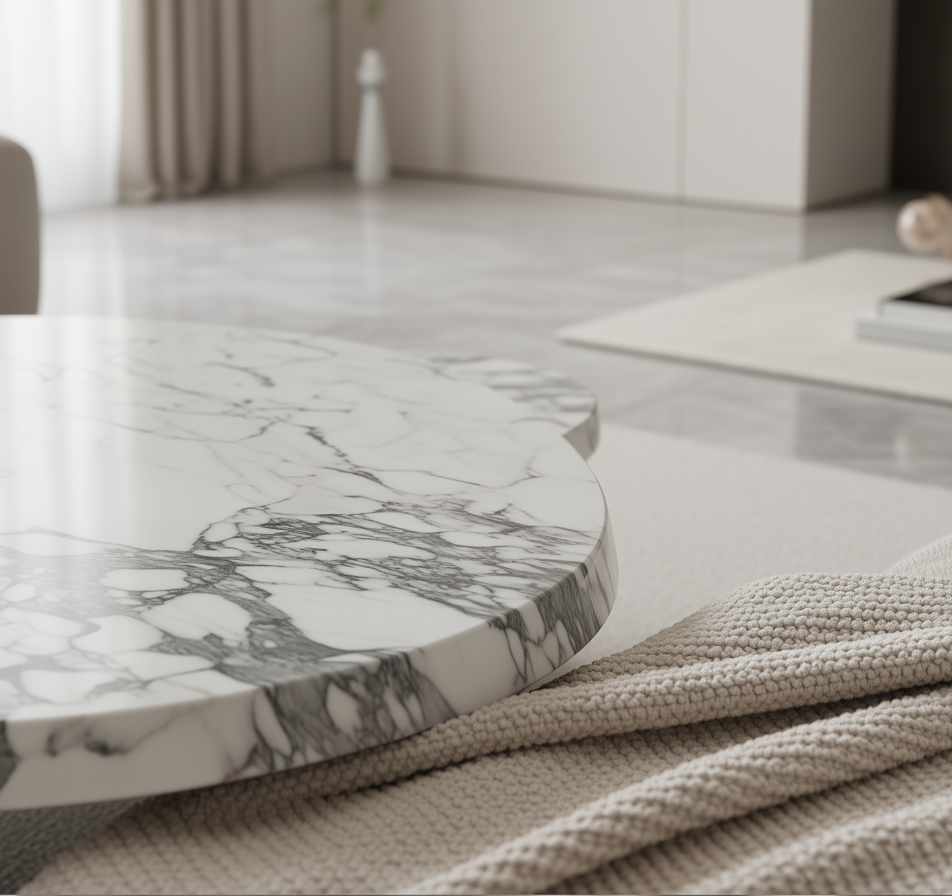 Round marble coffee table in a modern living room setting