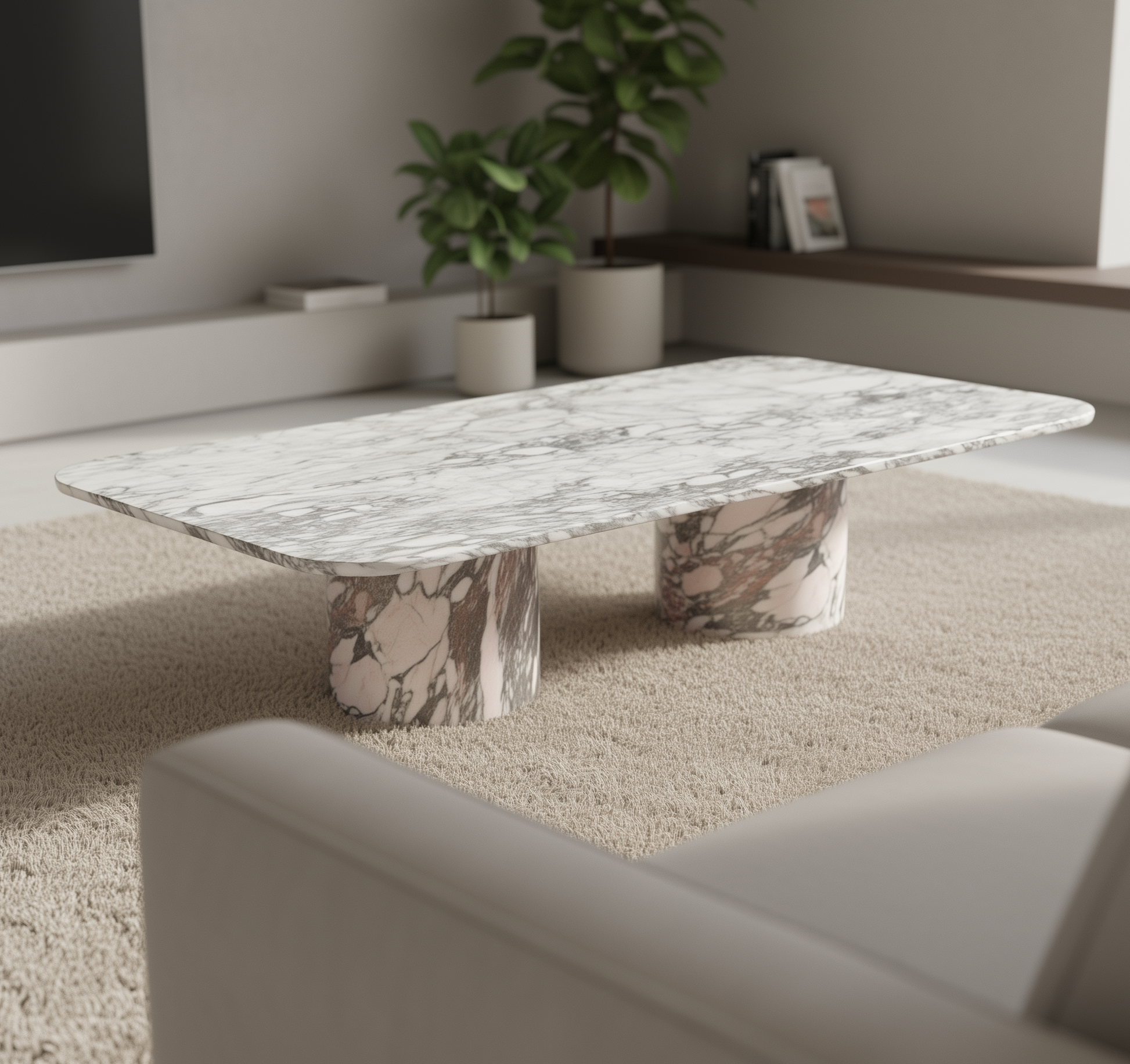 Arabescato rectangular marble coffee table with dual cylindrical legs