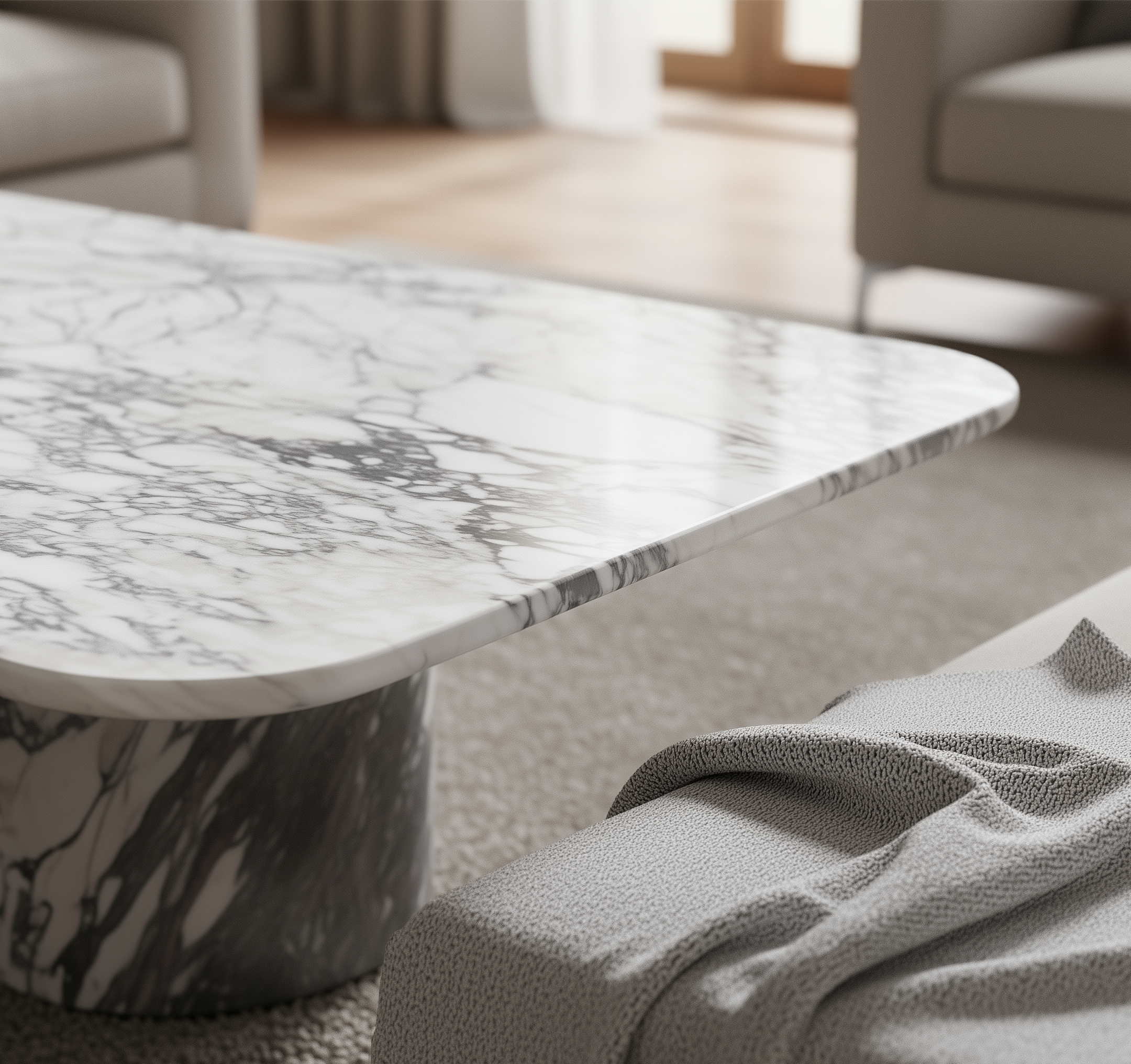 Arabescato rectangular marble coffee table in a living room setting with a sofa and rug.