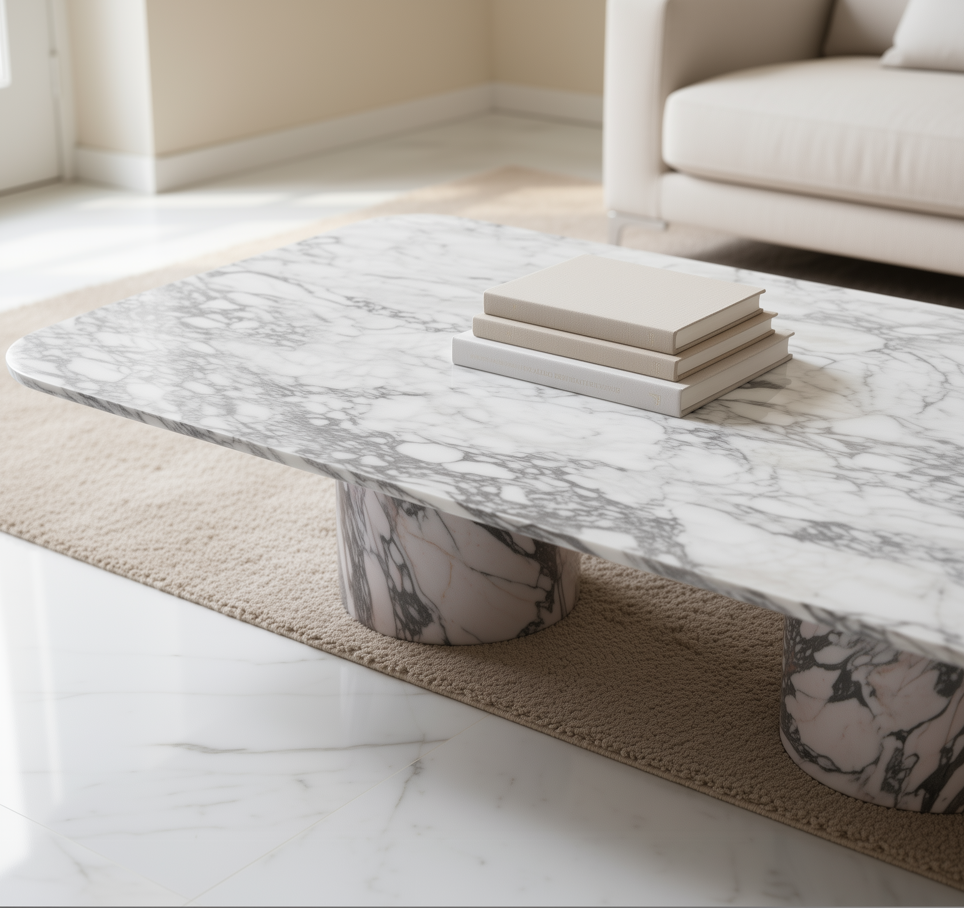 Arabescato rectangular marble coffee table with books in a living room setting