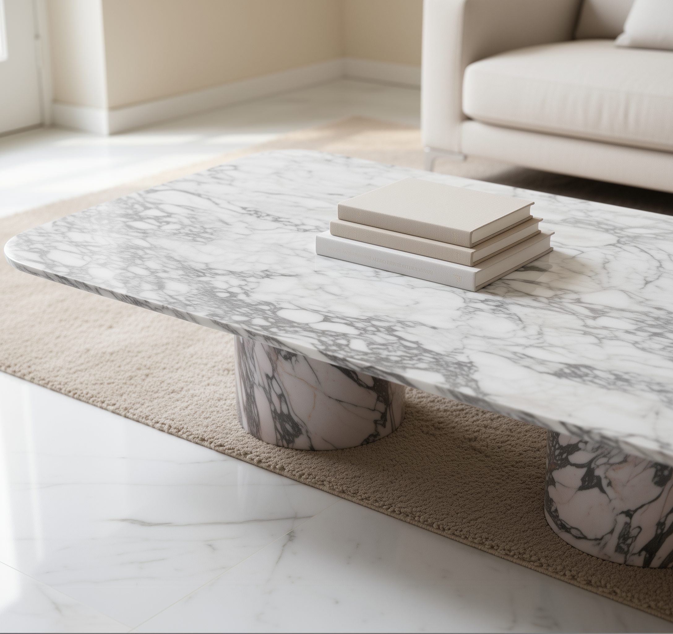 Arabescato rectangular marble coffee table with books in a living room setting