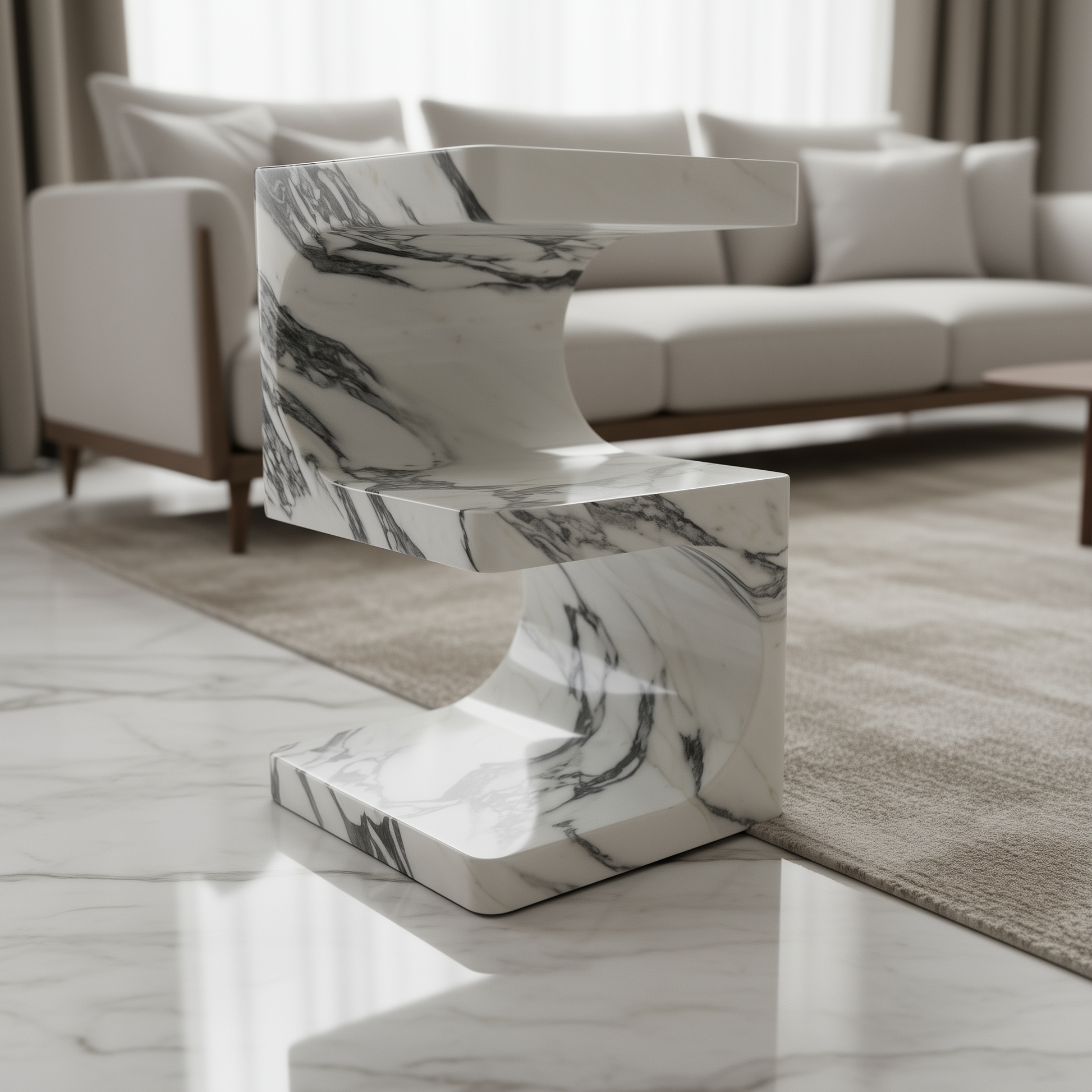 Arabescato sculptural marble side table in a modern living room setting