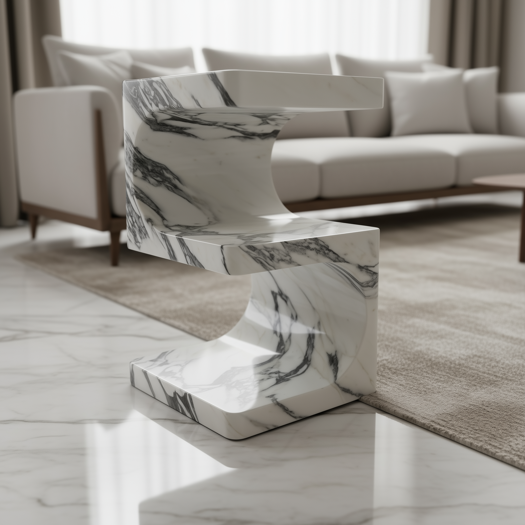 Arabescato sculptural marble side table in a modern living room setting