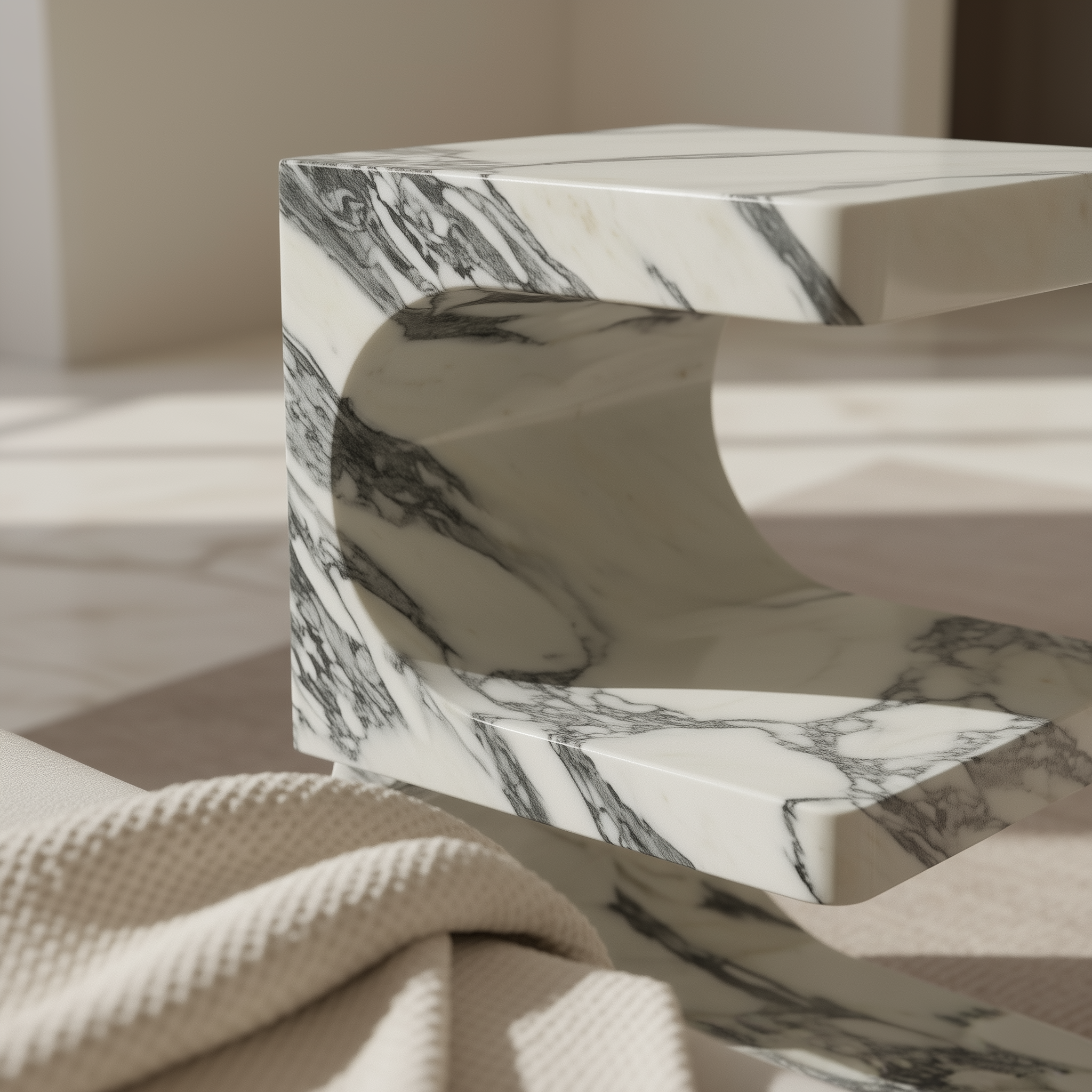 Arabescato sculptural marble side table close up on detail