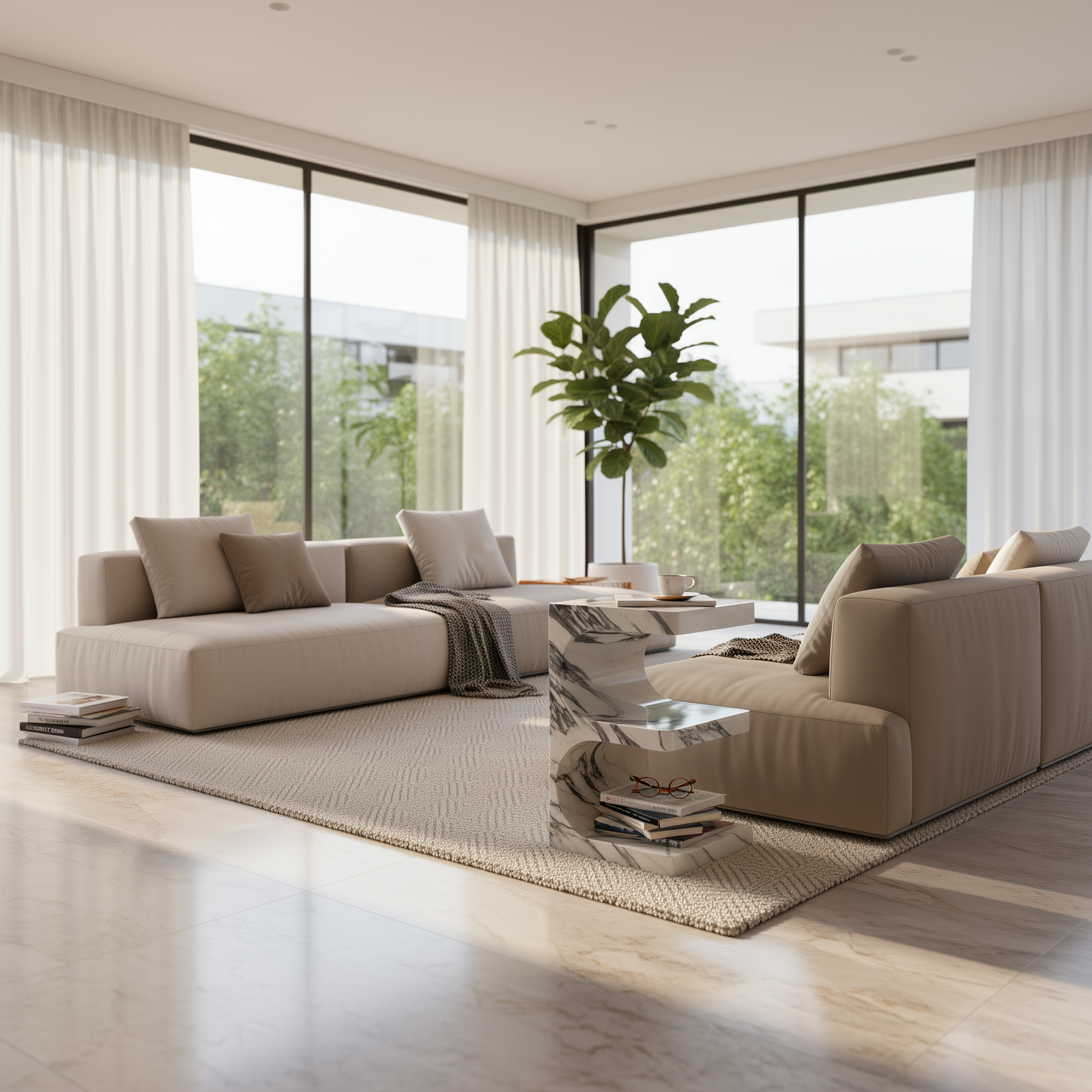 Modern living room with beige sectional sofa, side table, and large windows.