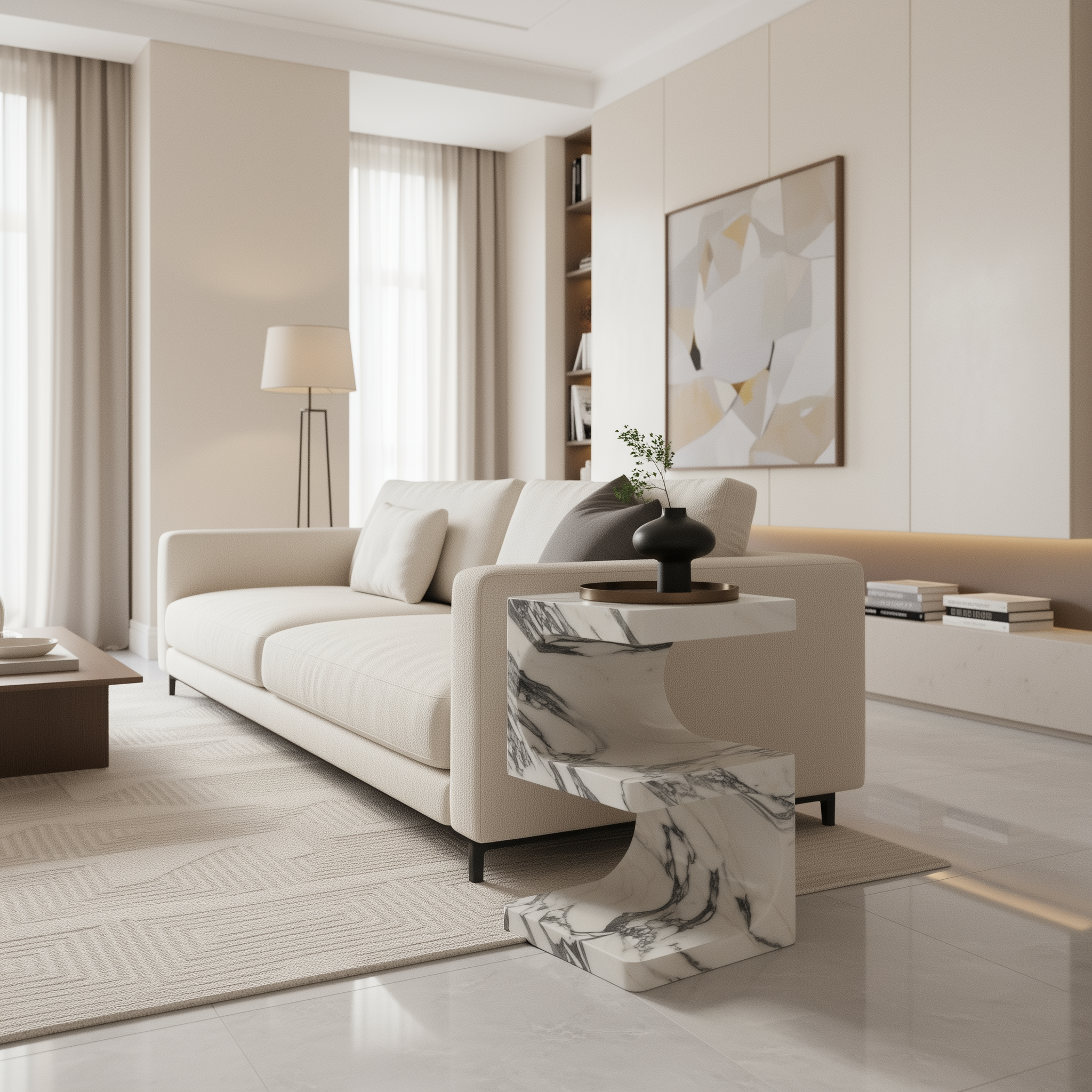 Modern living room with a beige sofa, marble side table, and abstract art on the wall.