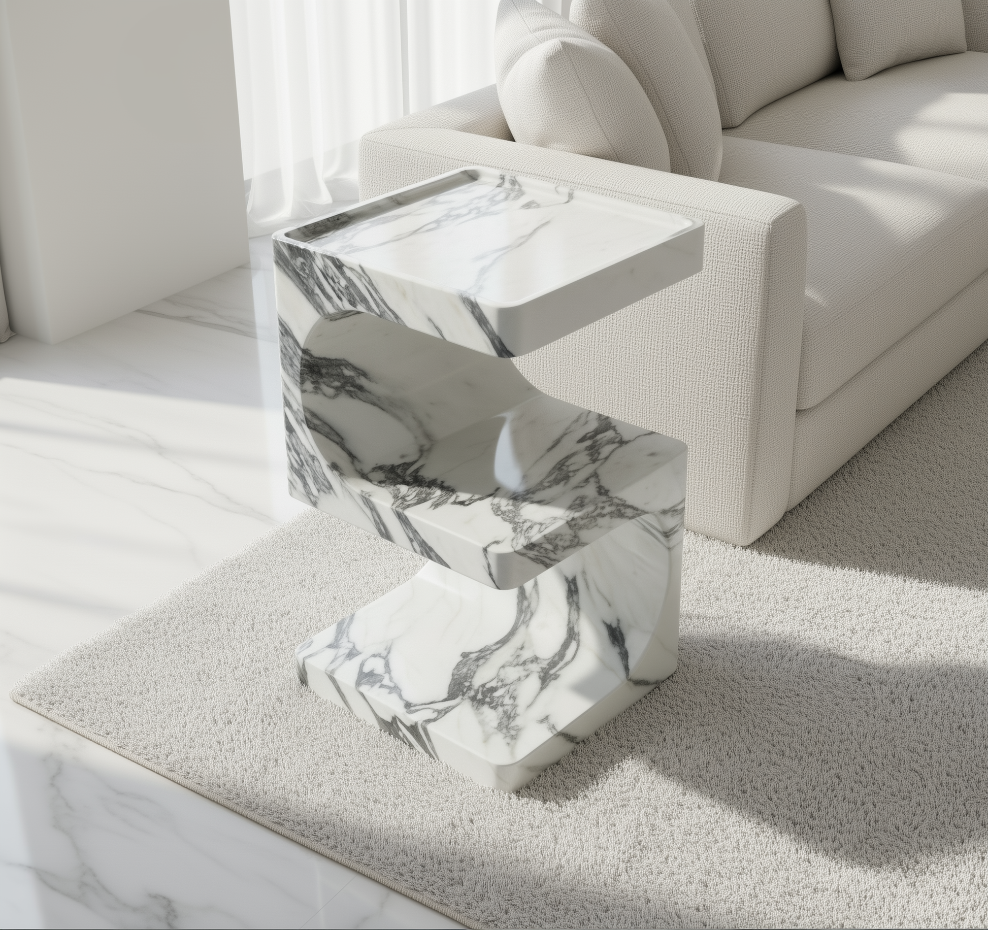 Marble-patterned side table in a modern living room setting