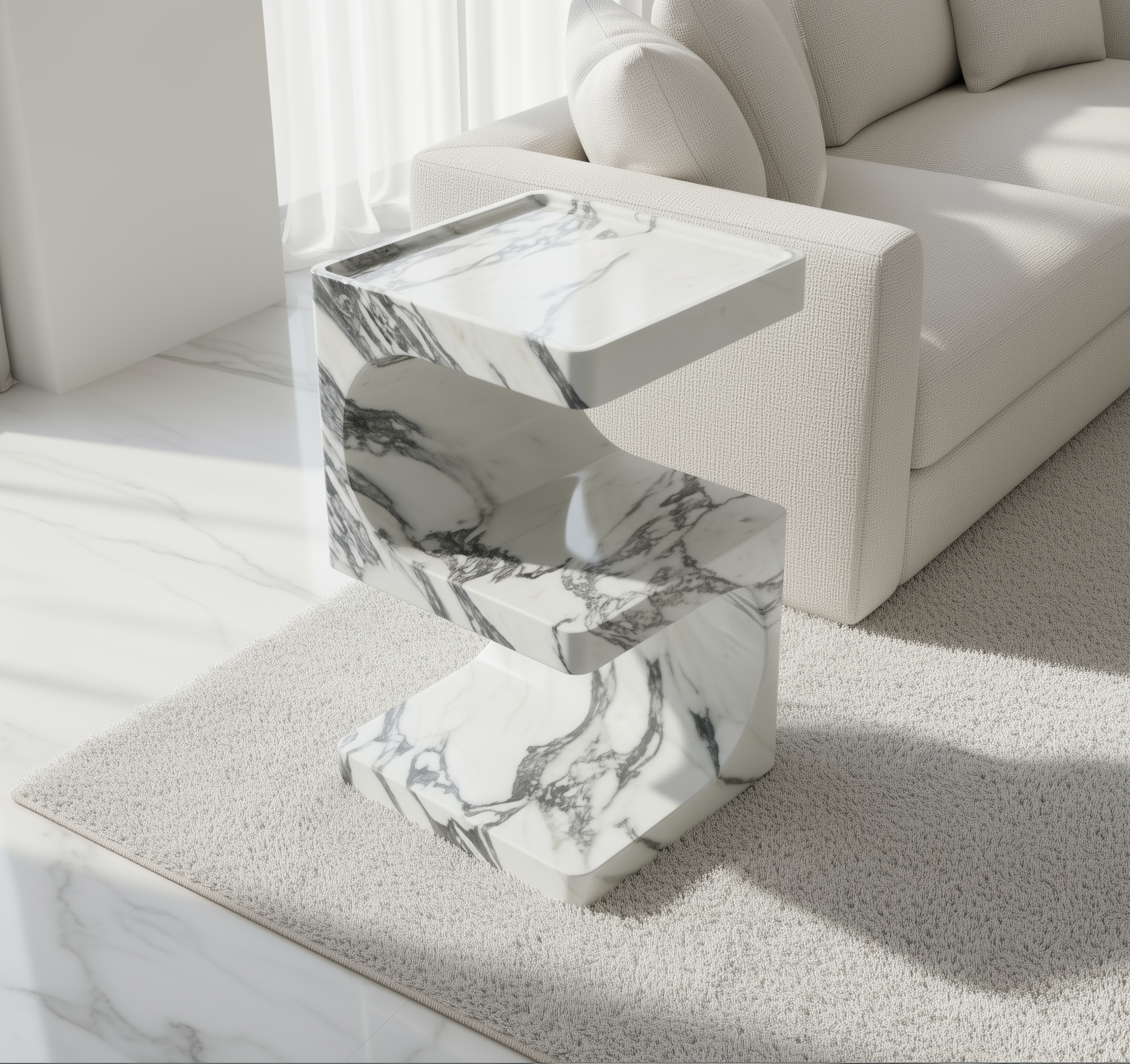 Marble-patterned side table in a modern living room setting