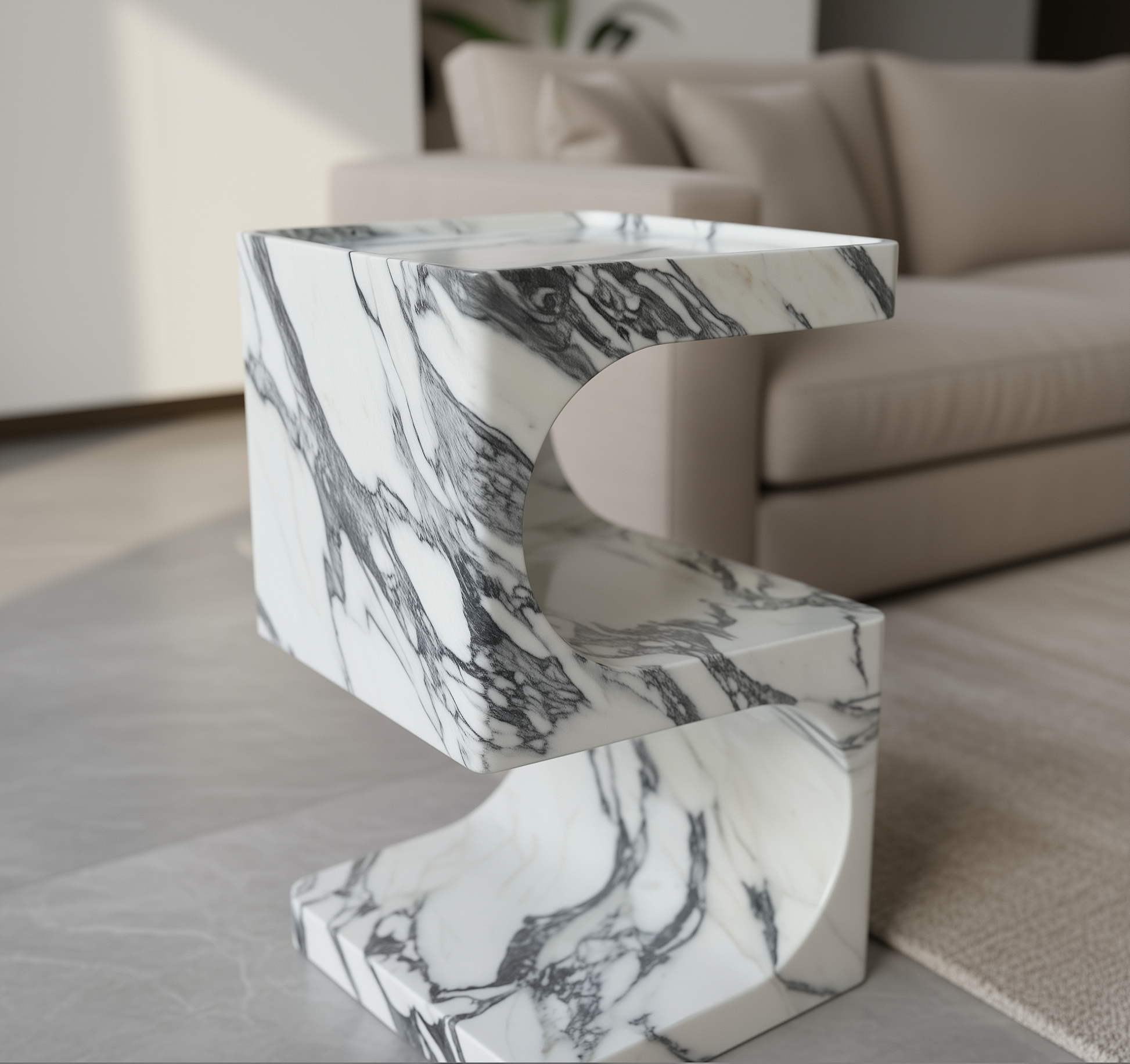 Marble-patterned side table in a living room setting