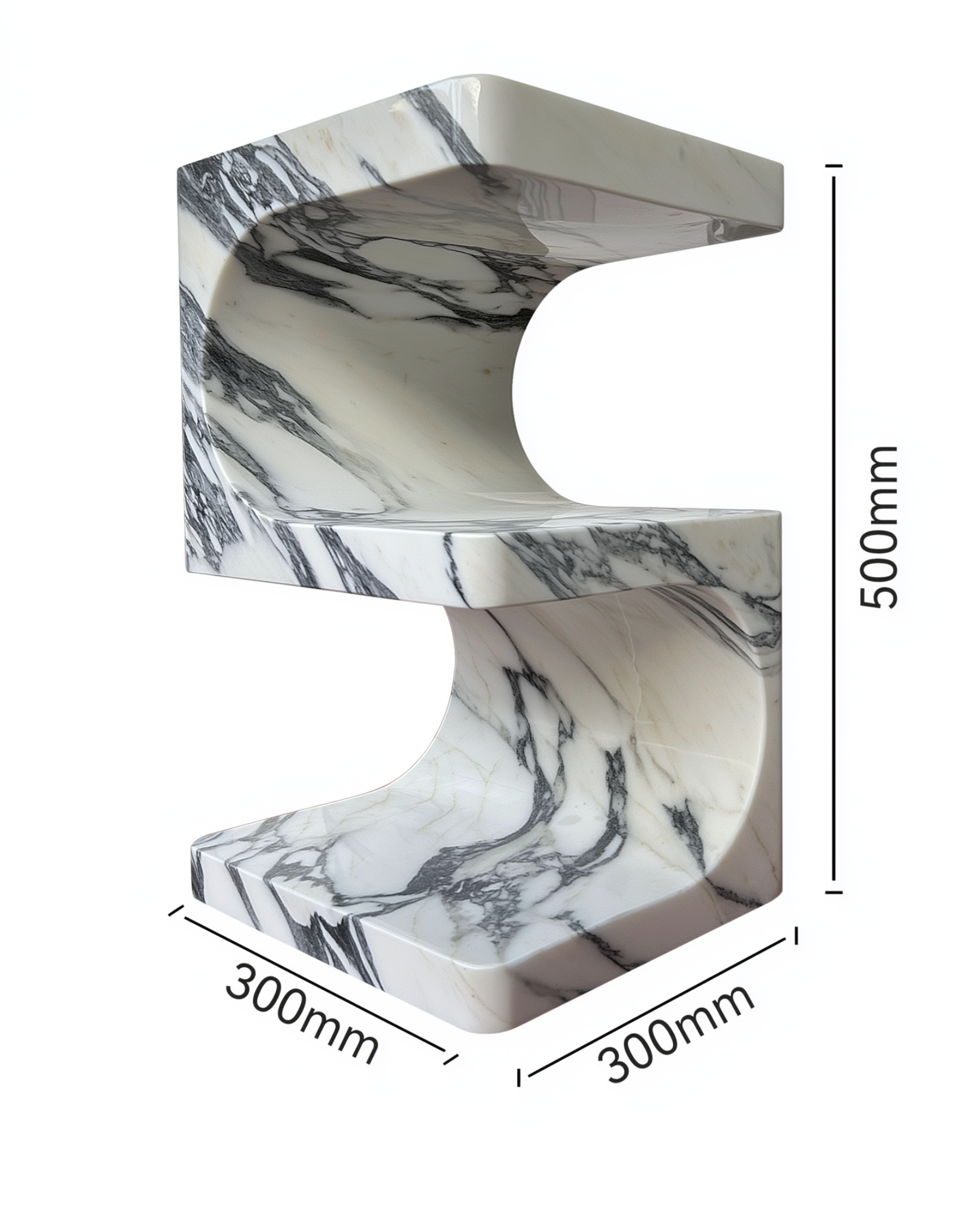 Arabescato sculptural marble side table with dimensions on a white background