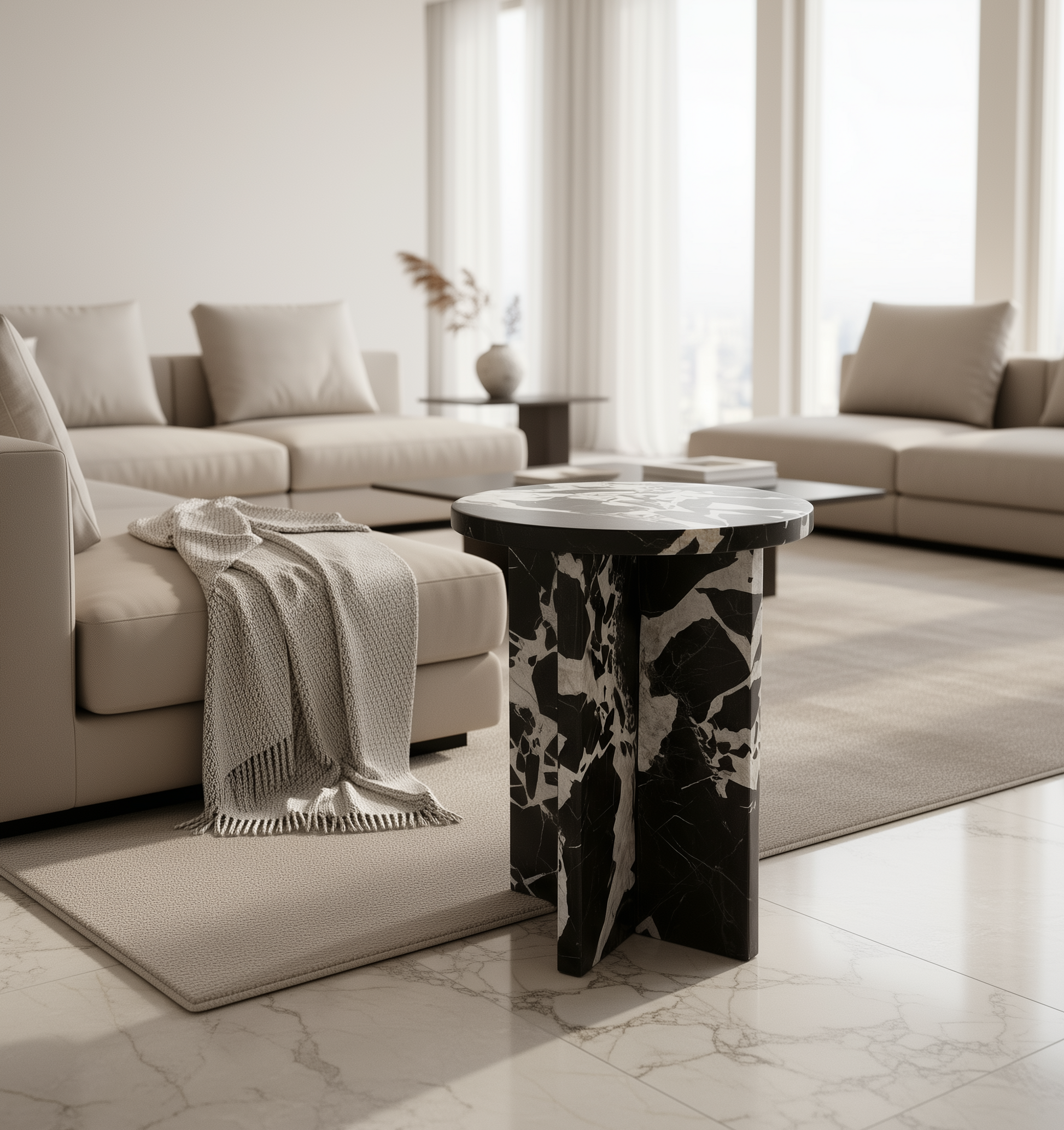 Bulgari black marble side table with round top and cross-leg base