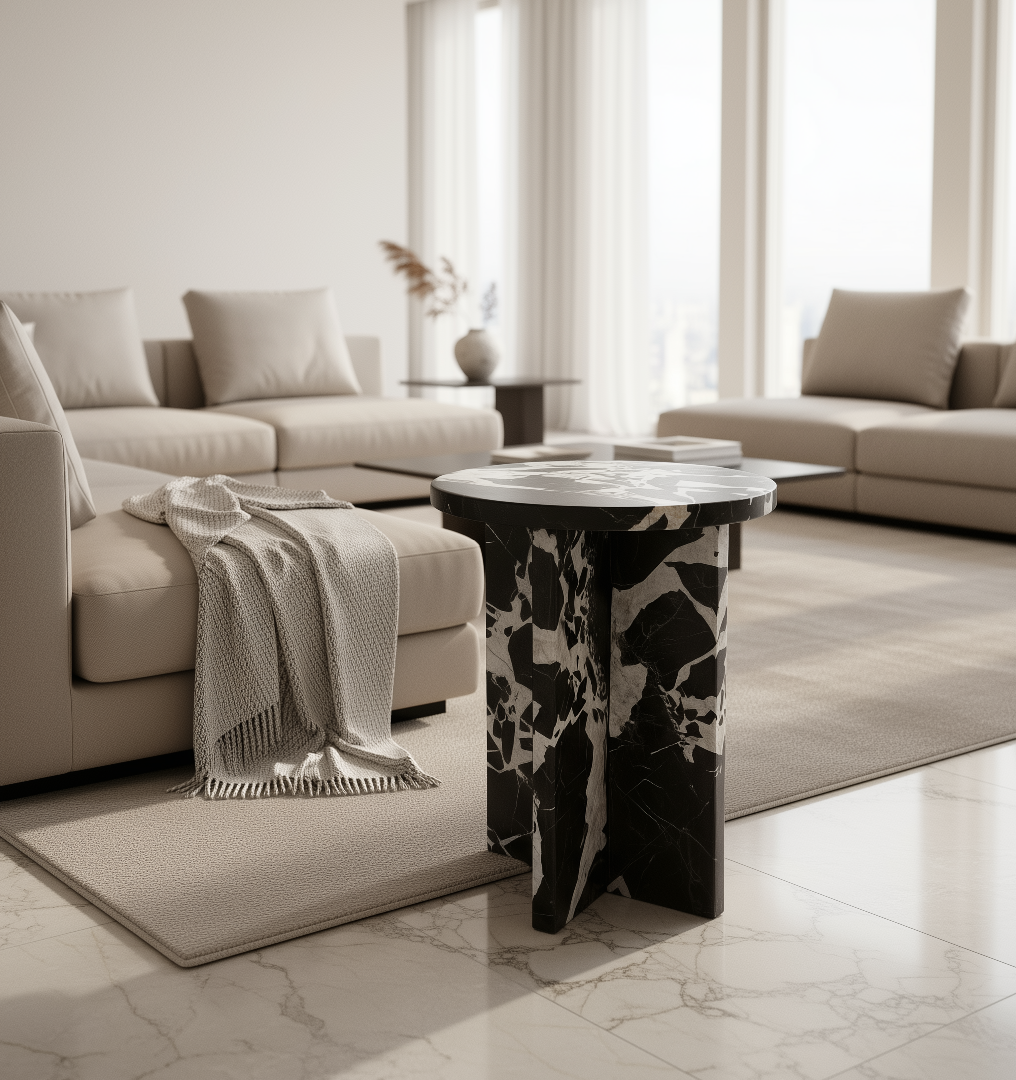 Bulgari black marble side table with round top and cross-leg base