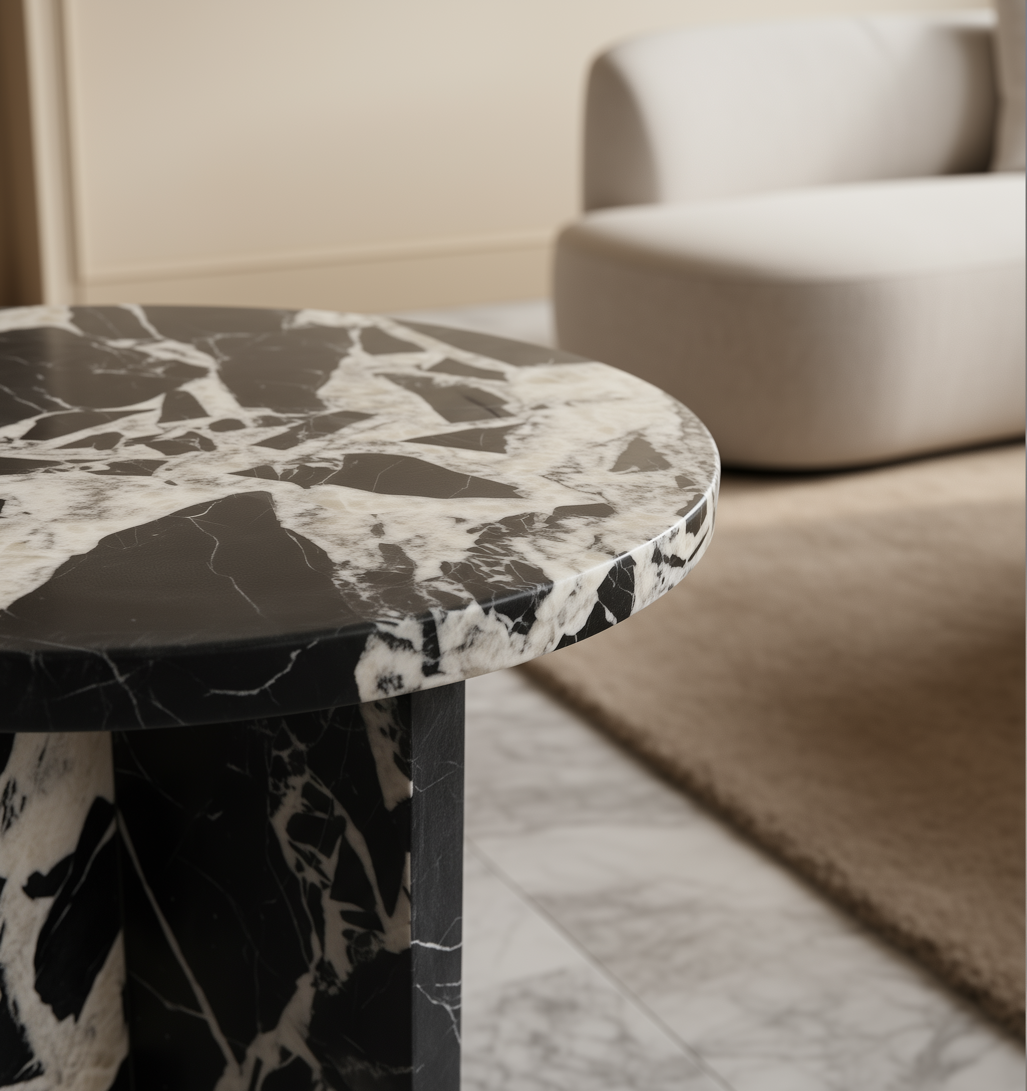 Marble-patterned side table in a modern interior setting