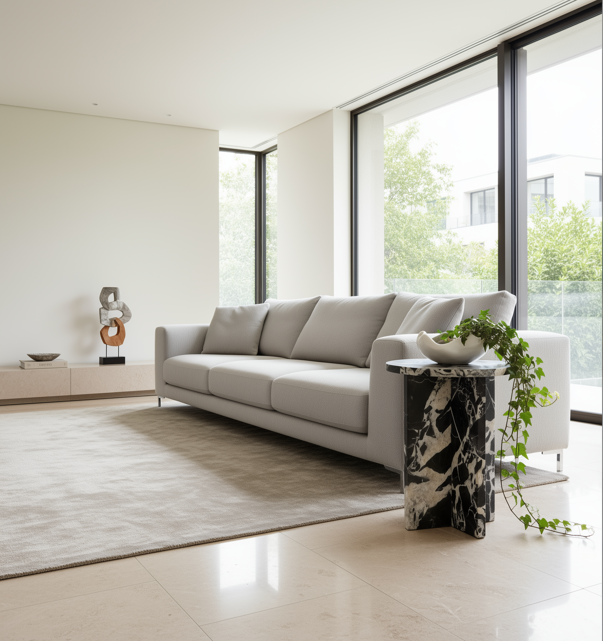 Modern living room with a grey sofa, decorative items, and large windows.