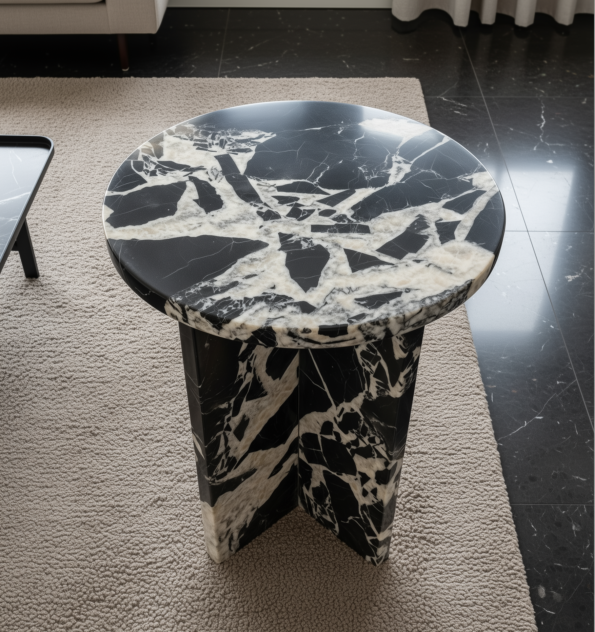 Marble-patterned side table in a room with a black floor.