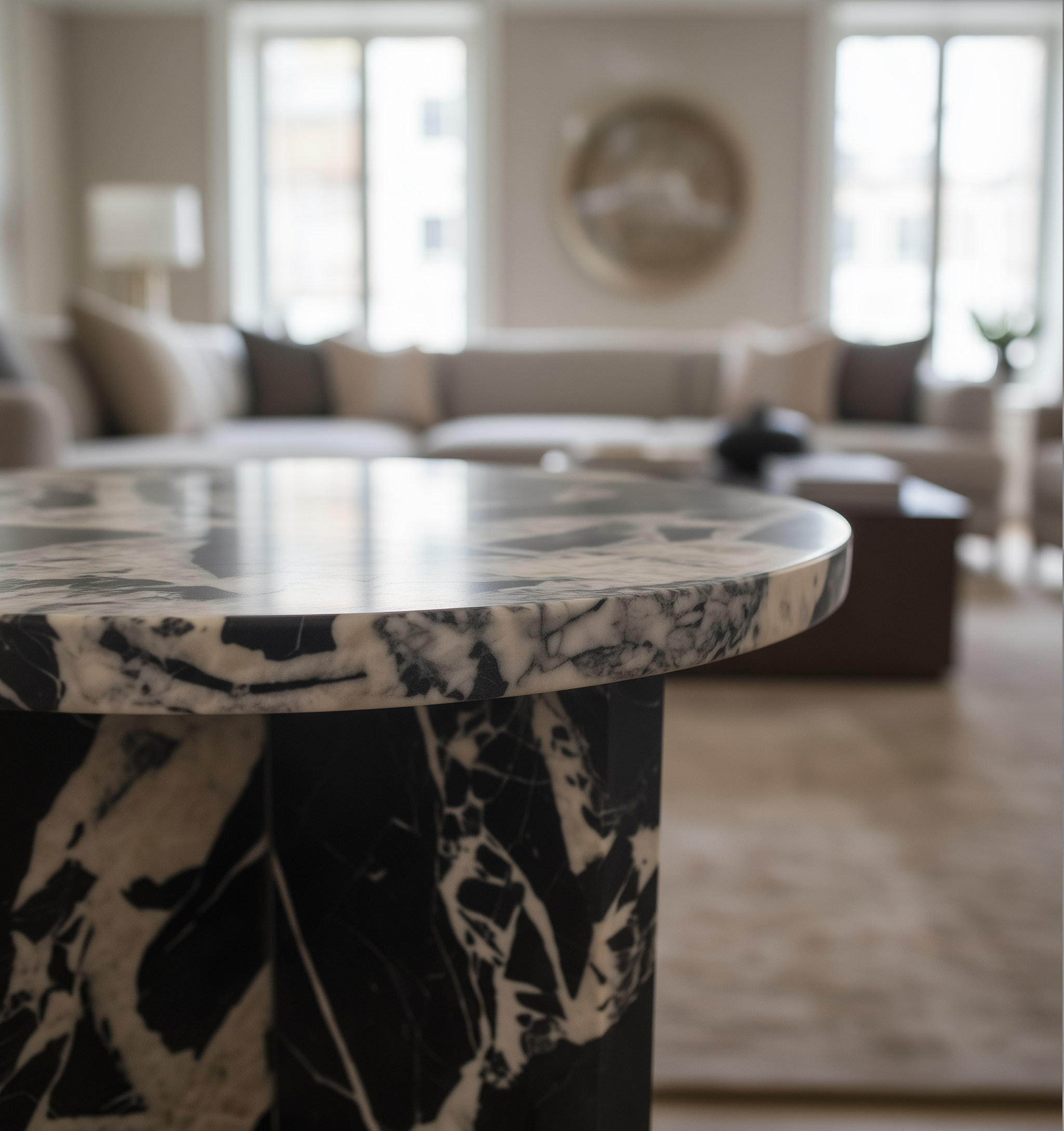 Marble table in a living room setting with blurred background