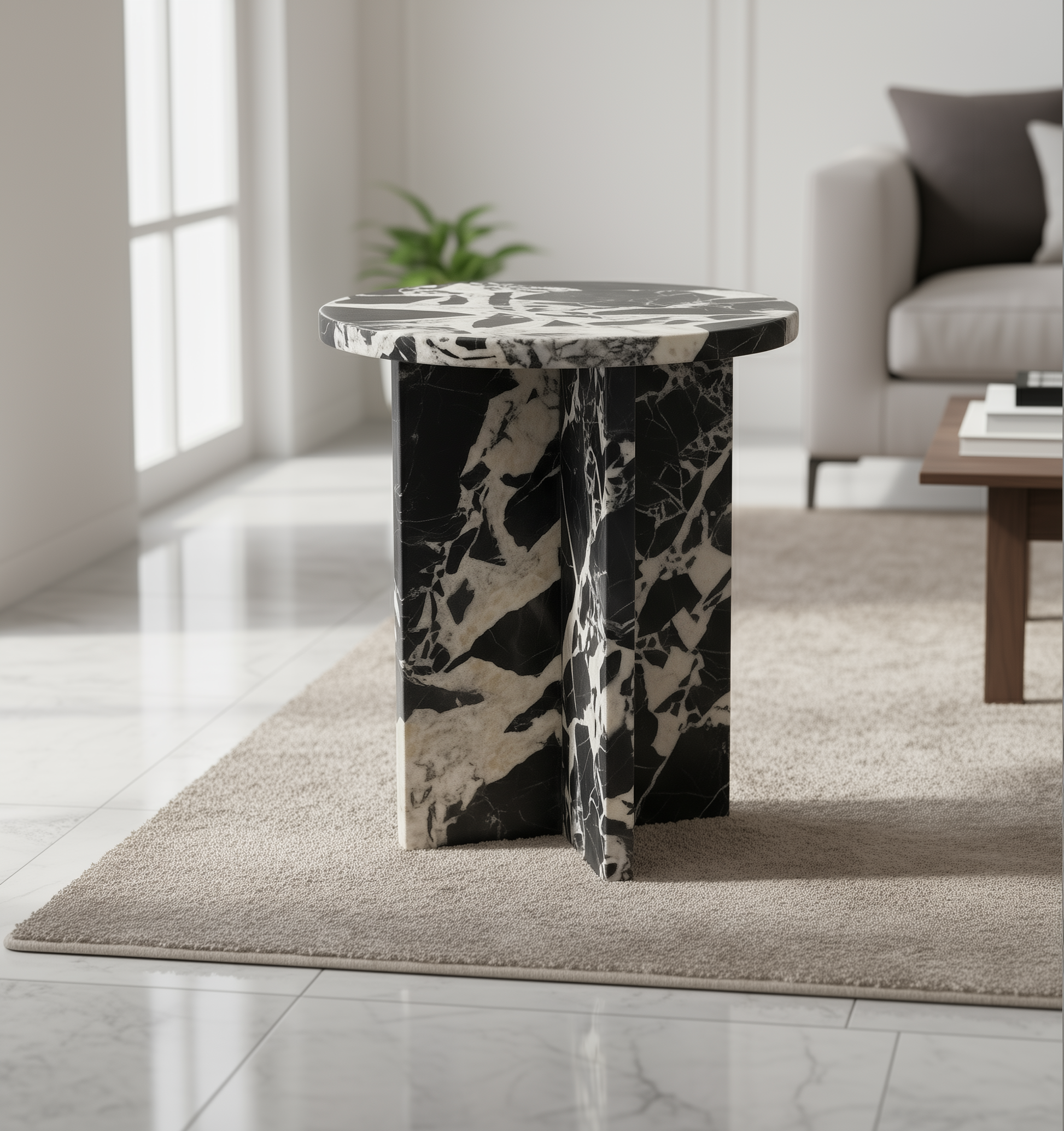 Black and white marble side table in a modern living room