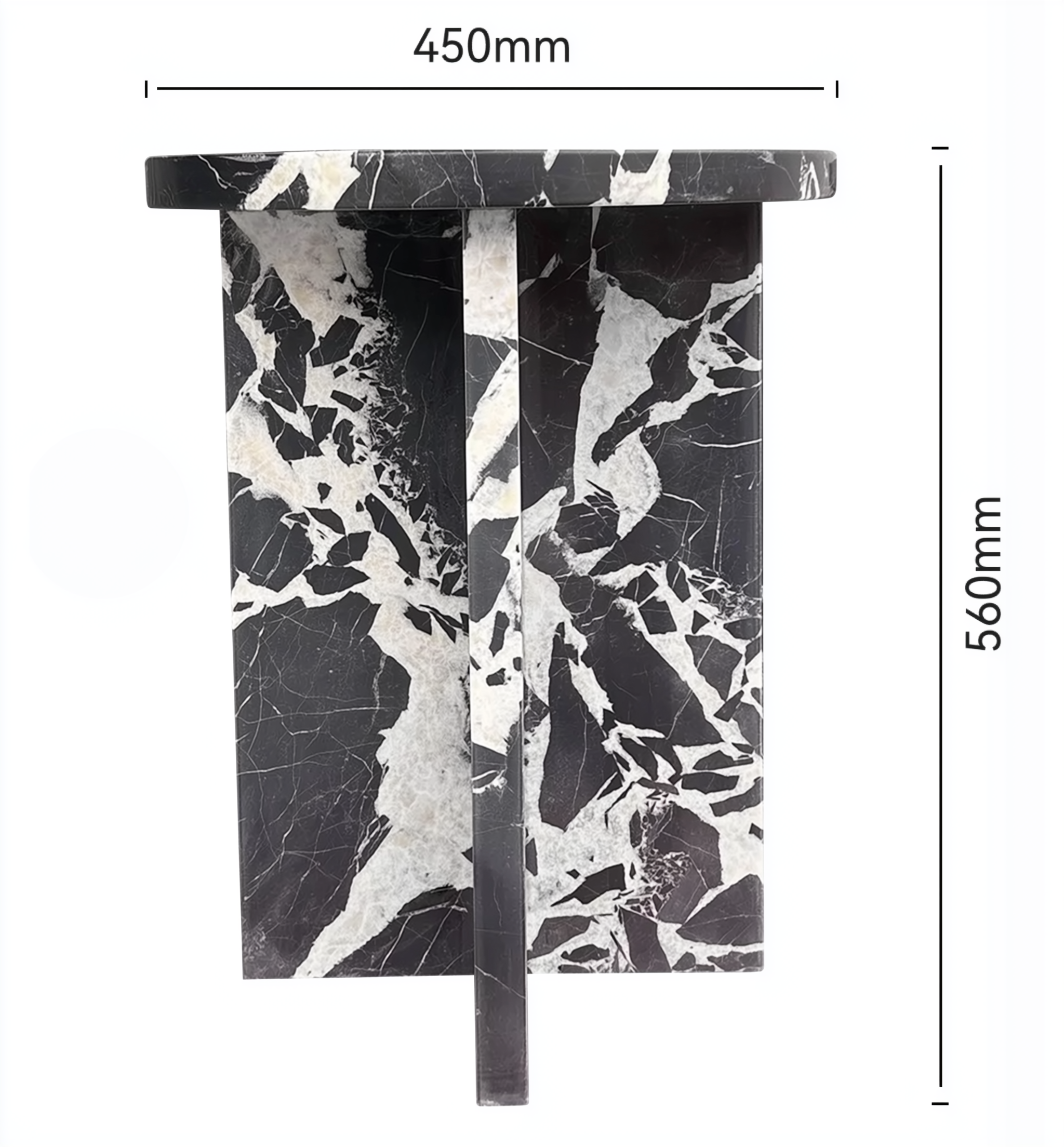 Marble-patterned side table with dimensions indicated