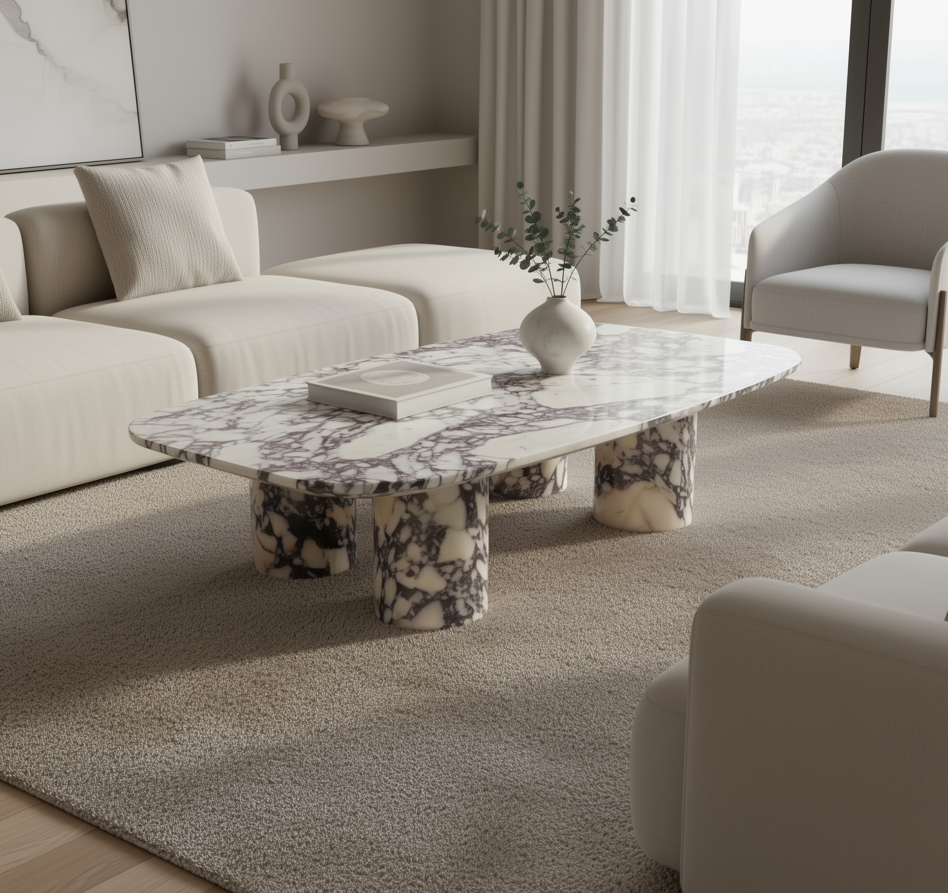 Calacatta Viola marble coffee table with violet veining and rounded rectangular shape