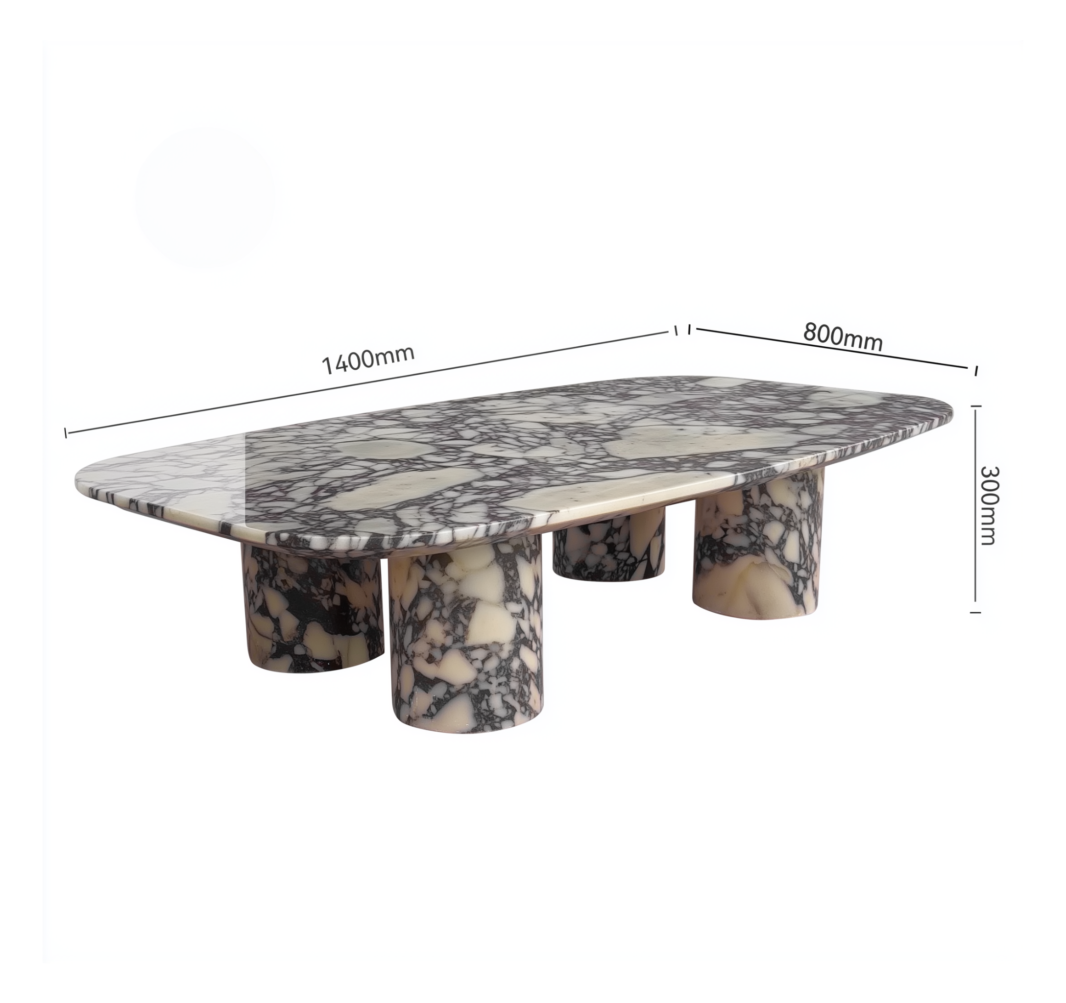 Marble coffee table with dimensions on a white background