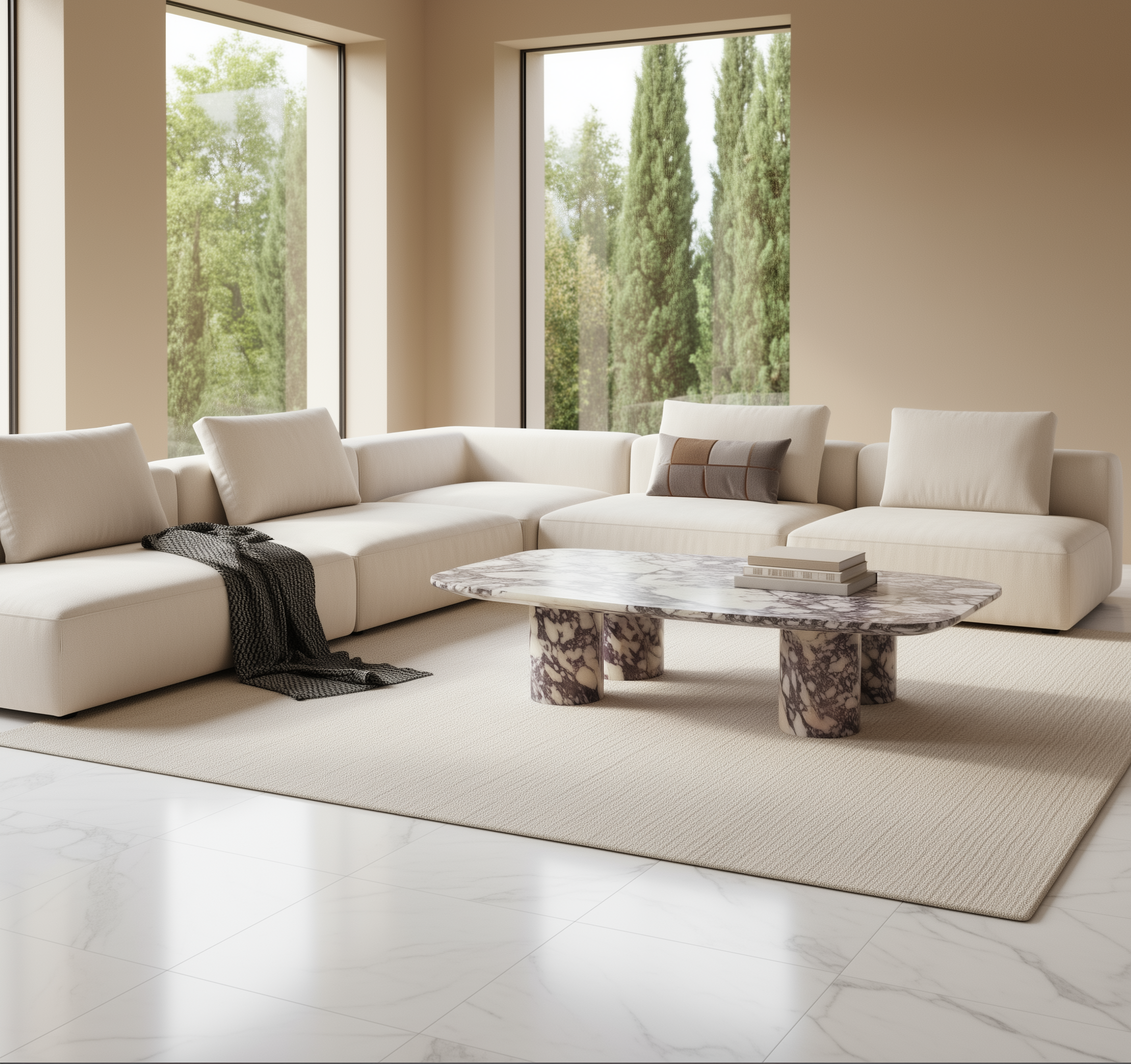 Modern living room with a beige sectional sofa and Calacatta Viola marble coffee table 