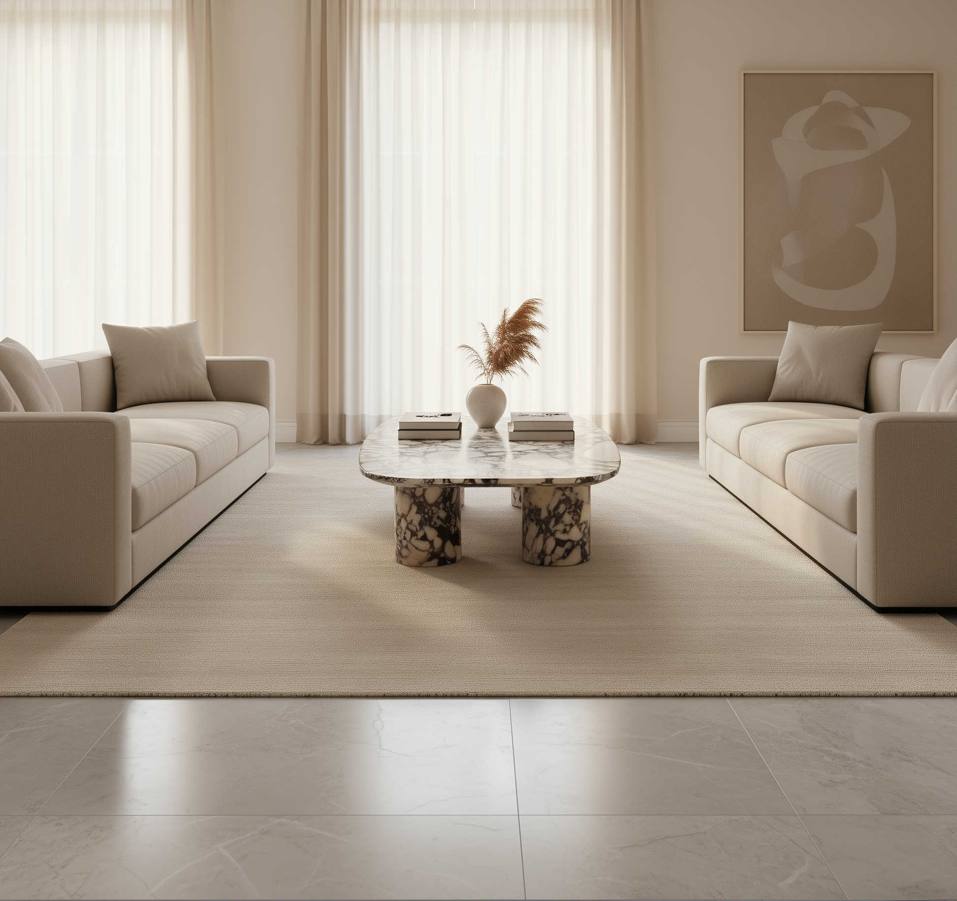 Modern living room with beige sofas, a marble coffee table, and neutral decor.