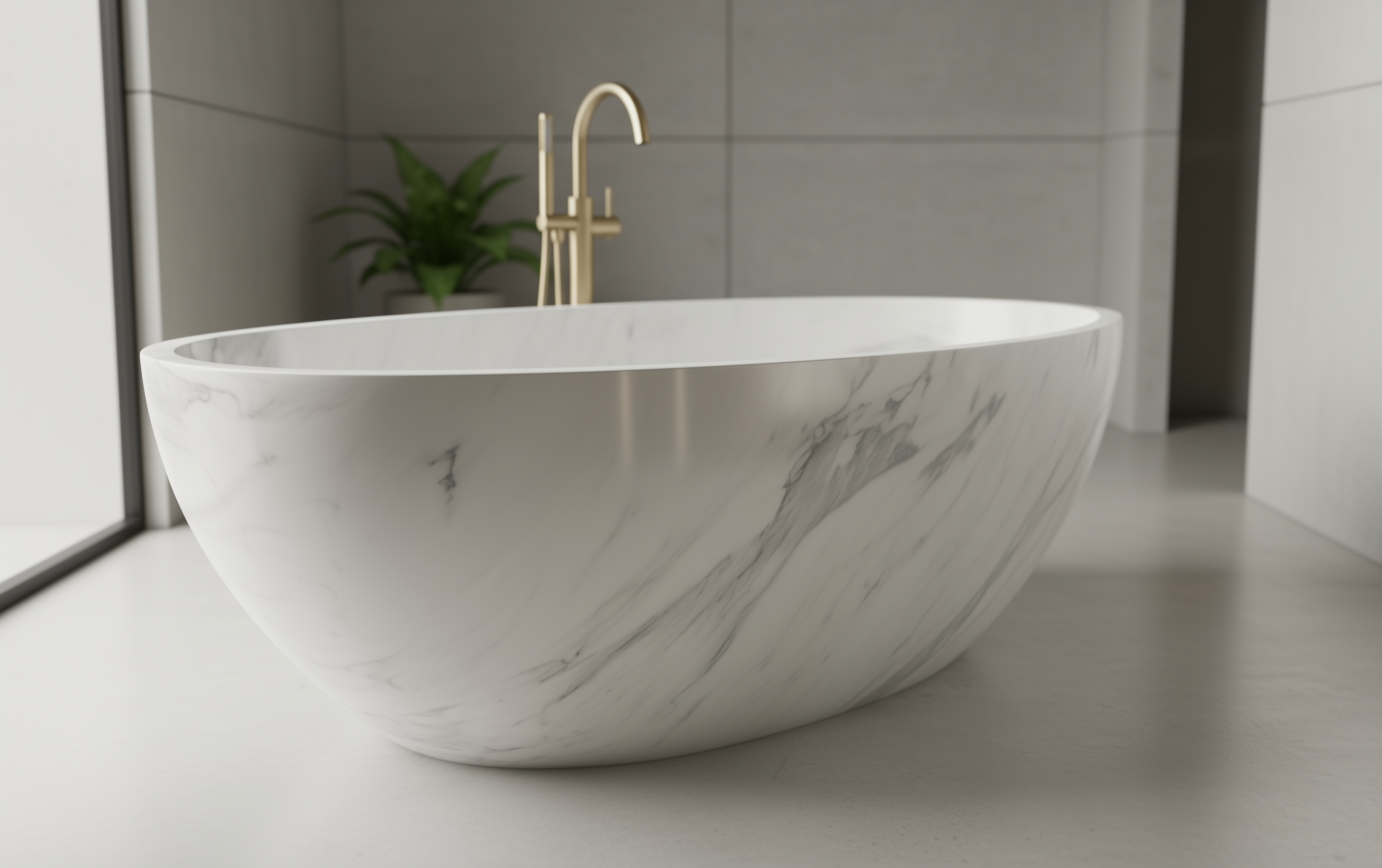 Marble-patterned freestanding bathtub with gold faucet in a modern bathroom.